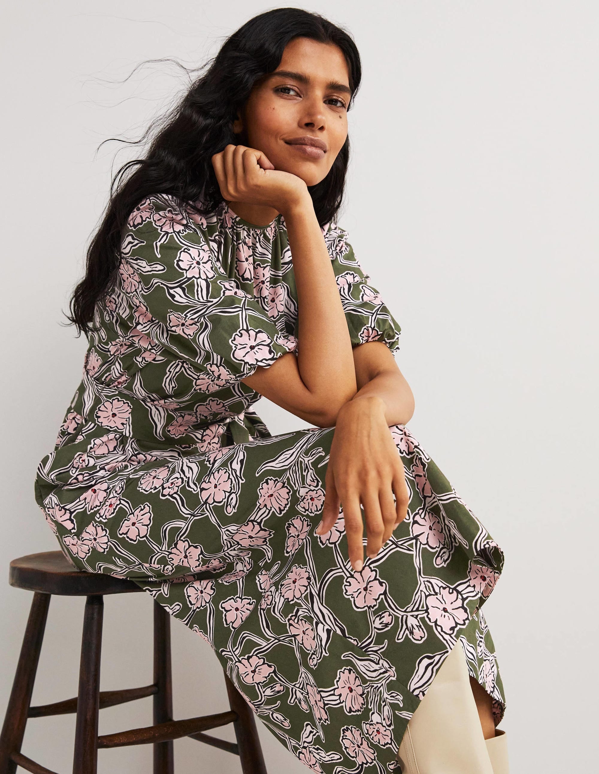 Puff Sleeve Column Midi Dress-Basil, Petal Vine - Image 5