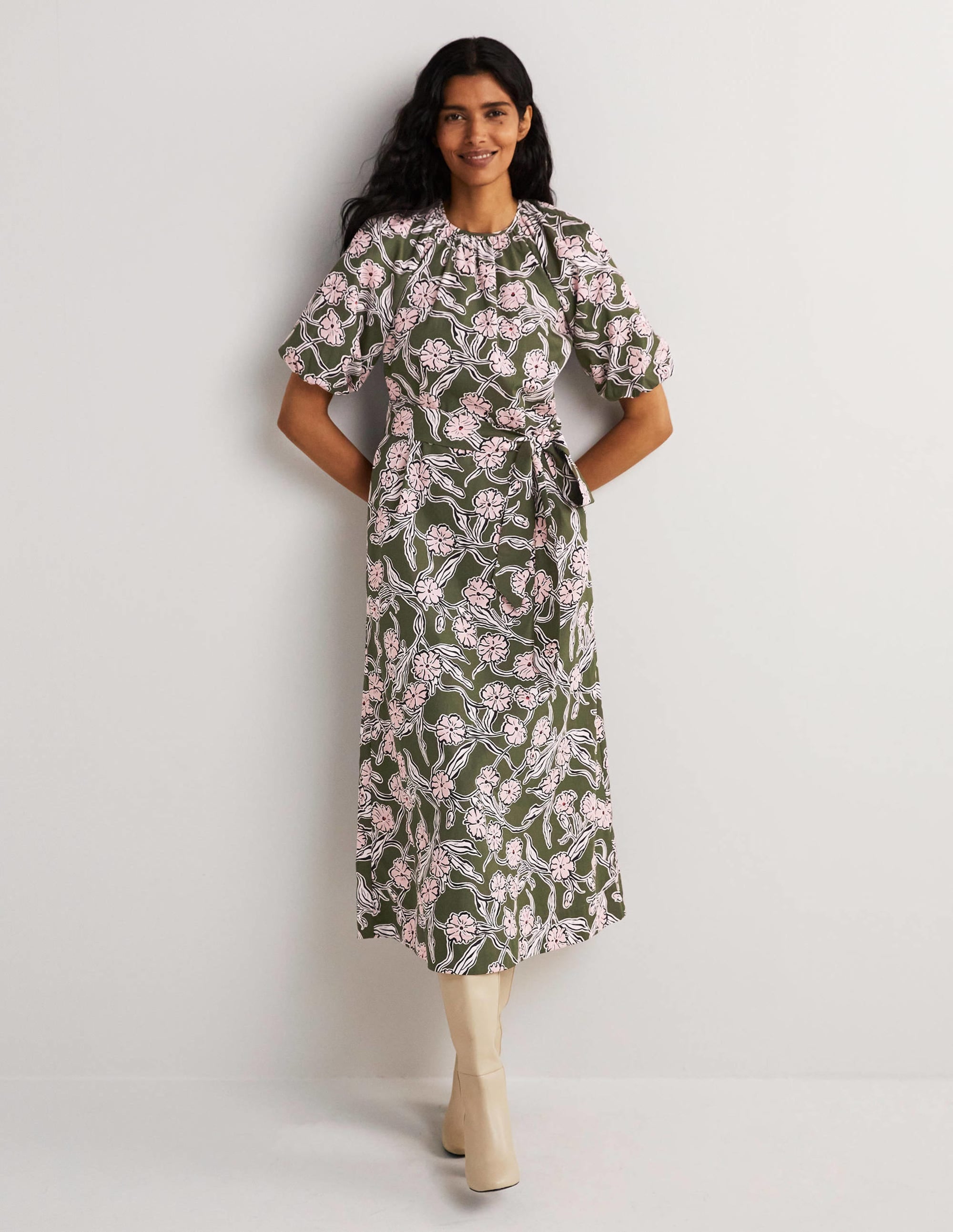 Puff Sleeve Column Midi Dress-Basil, Petal Vine - Image 6