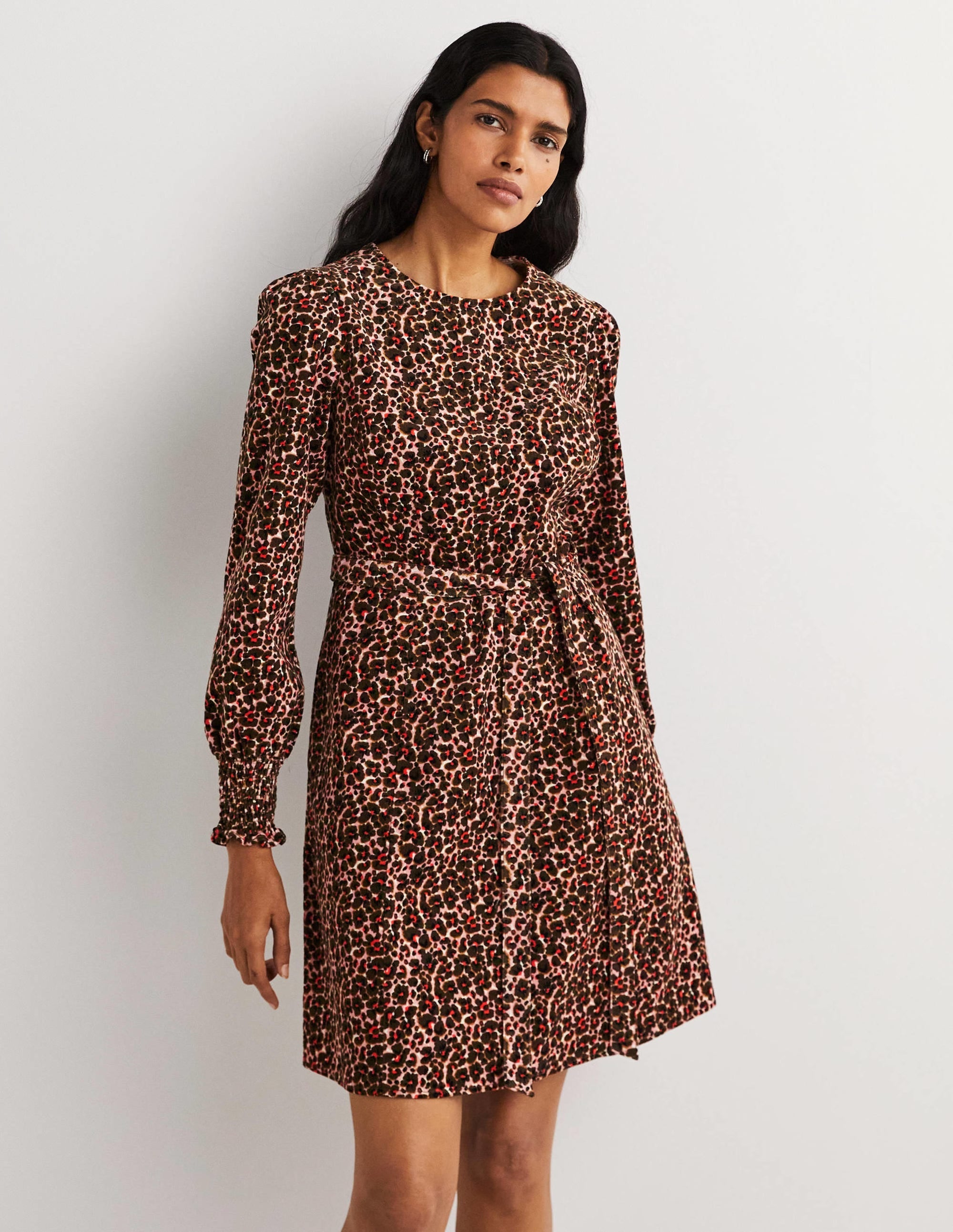 Smocked Cuff Corduroy Dress-Milkshake, Abstract Bud - Image 5