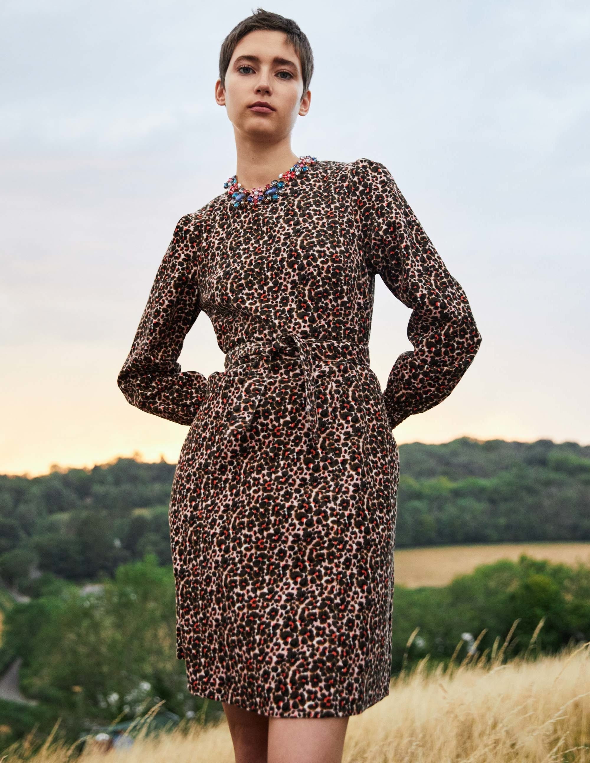 Smocked Cuff Corduroy Dress-Milkshake, Abstract Bud - Image 6