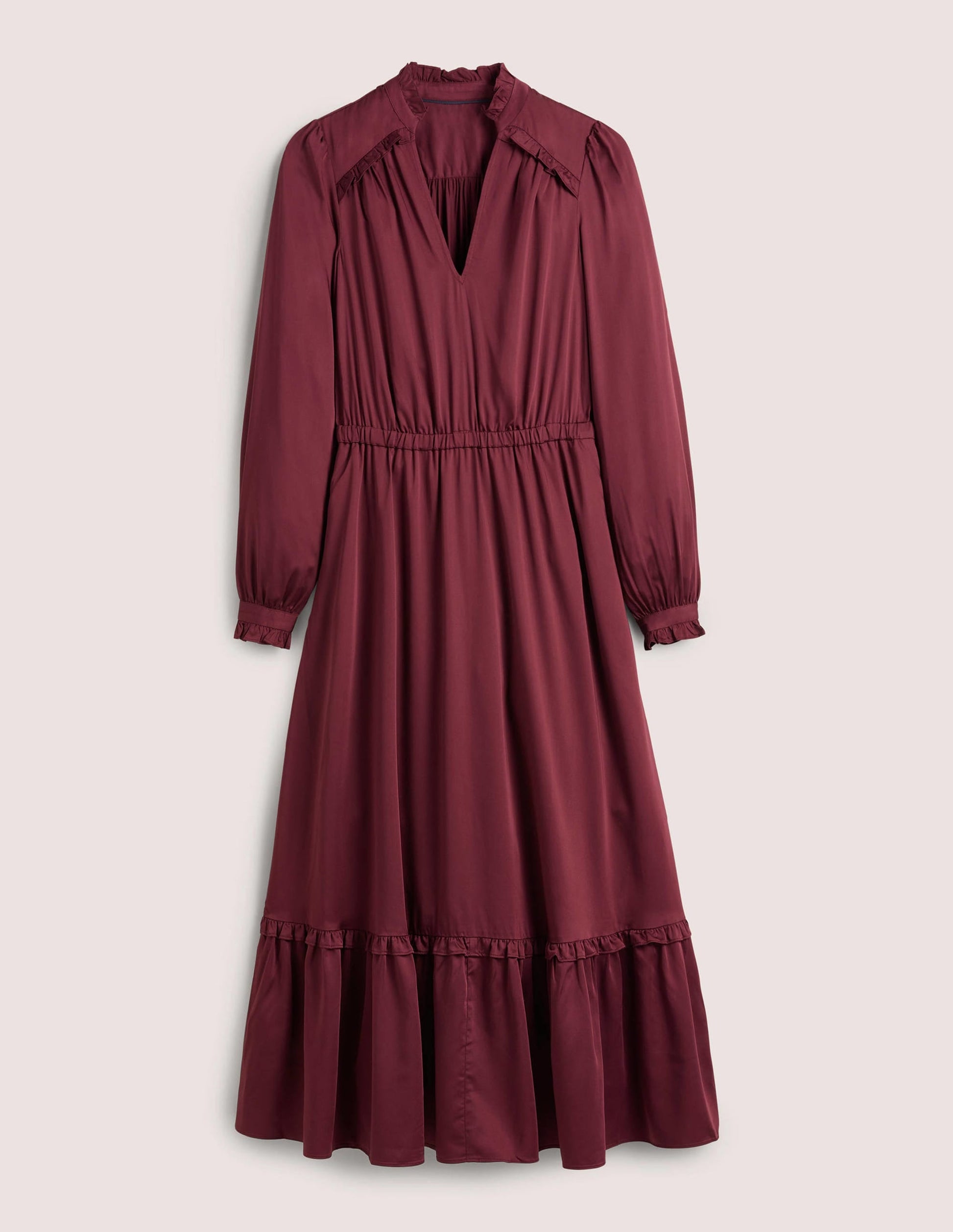 Pleat Detail Satin Midi Dress-Mulled Wine-7