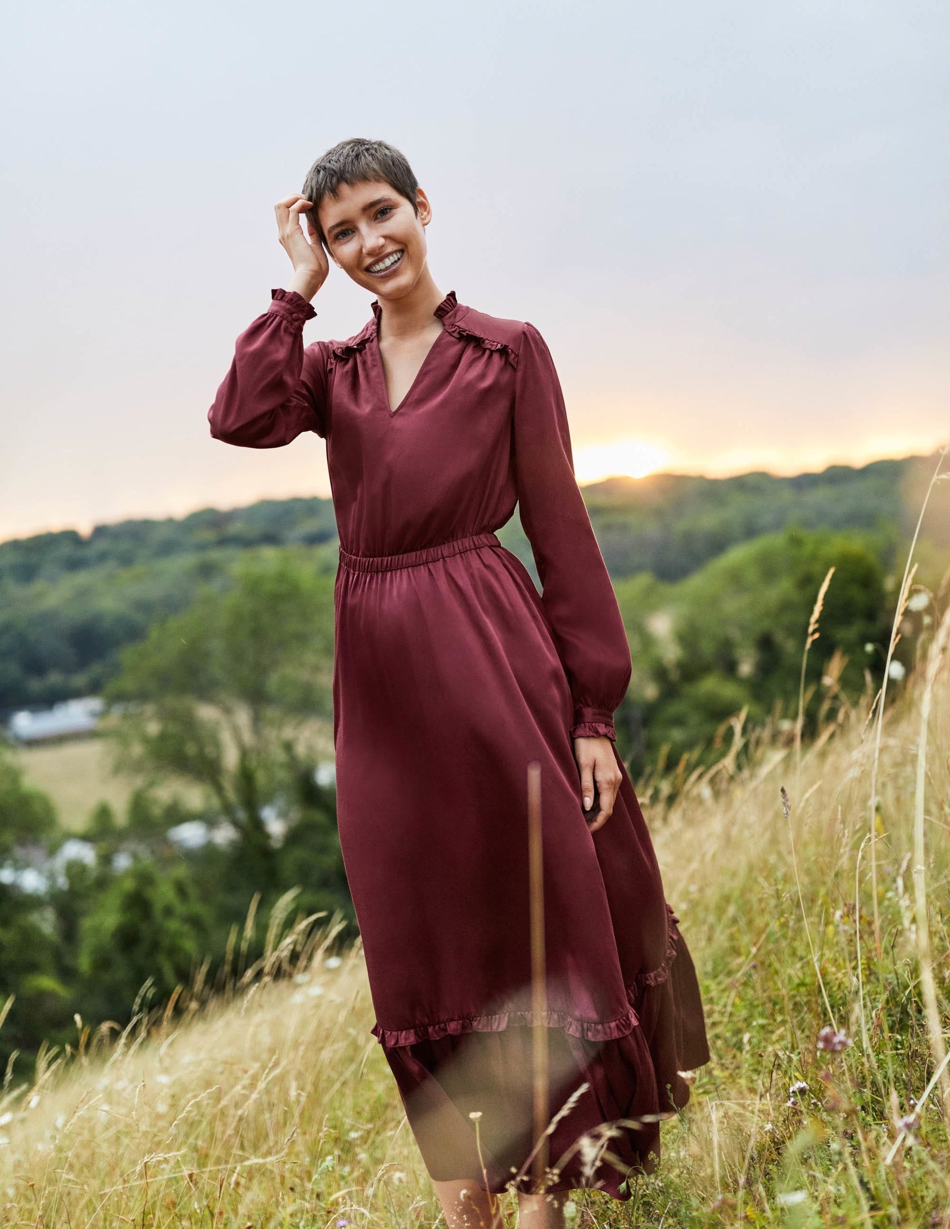 Pleat Detail Satin Midi Dress-Mulled Wine-5