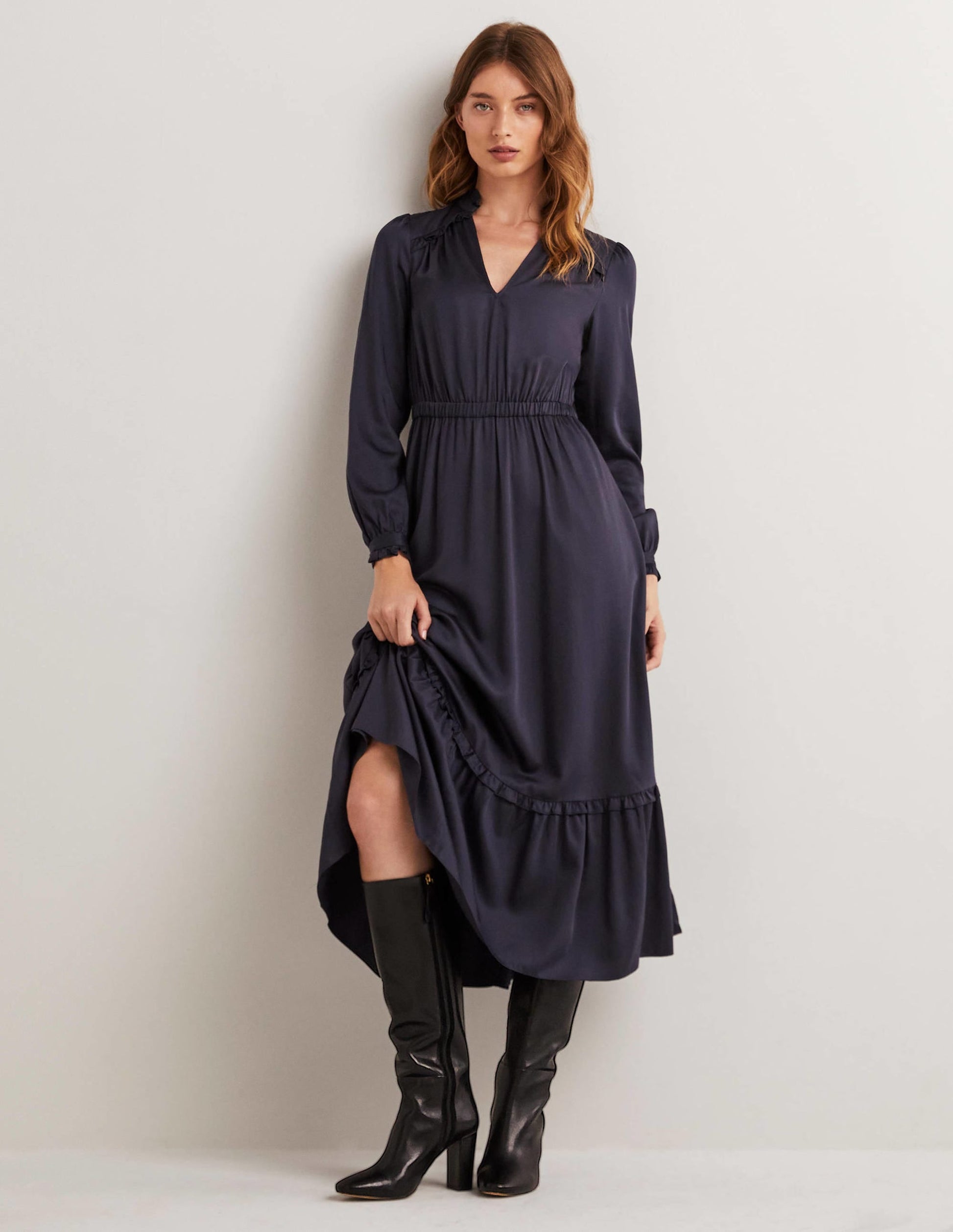 Pleat Detail Satin Midi Dress-Navy-1