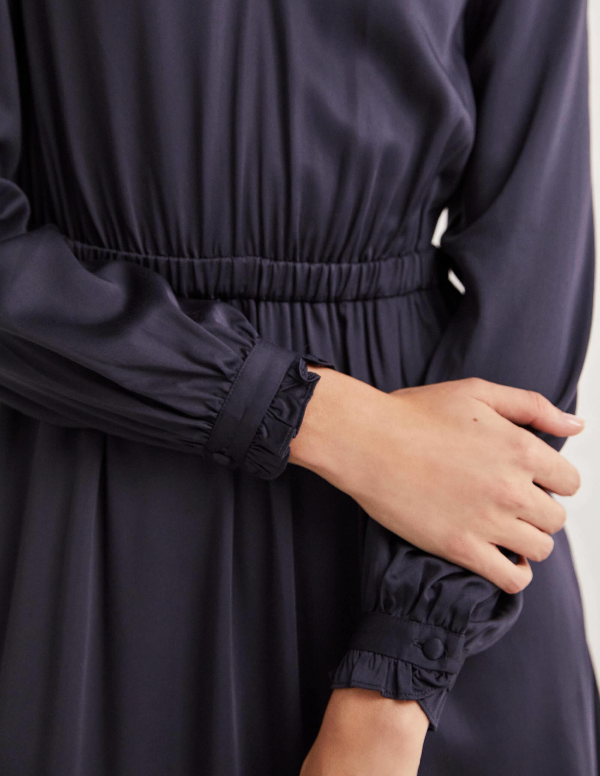 Pleat Detail Satin Midi Dress-Navy - Image 2
