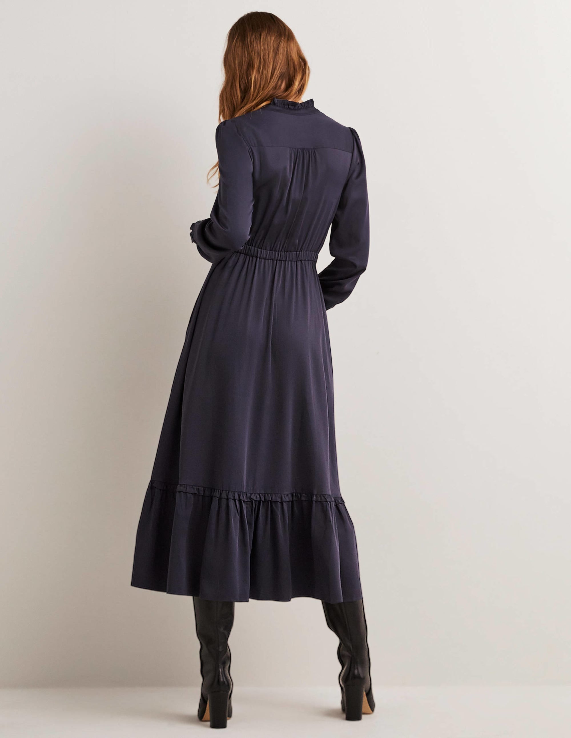 Pleat Detail Satin Midi Dress-Navy - Image 3