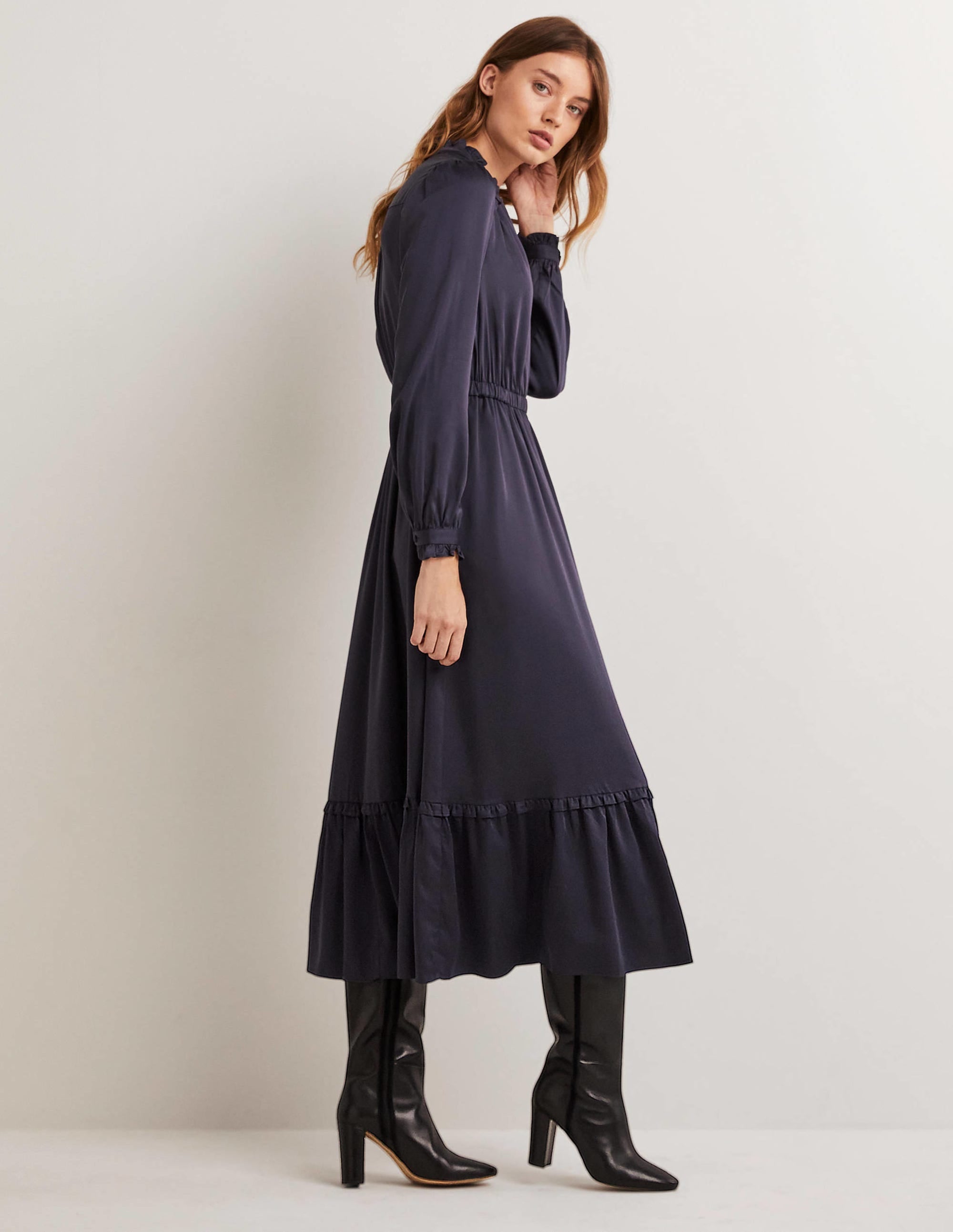 Pleat Detail Satin Midi Dress-Navy - Image 4