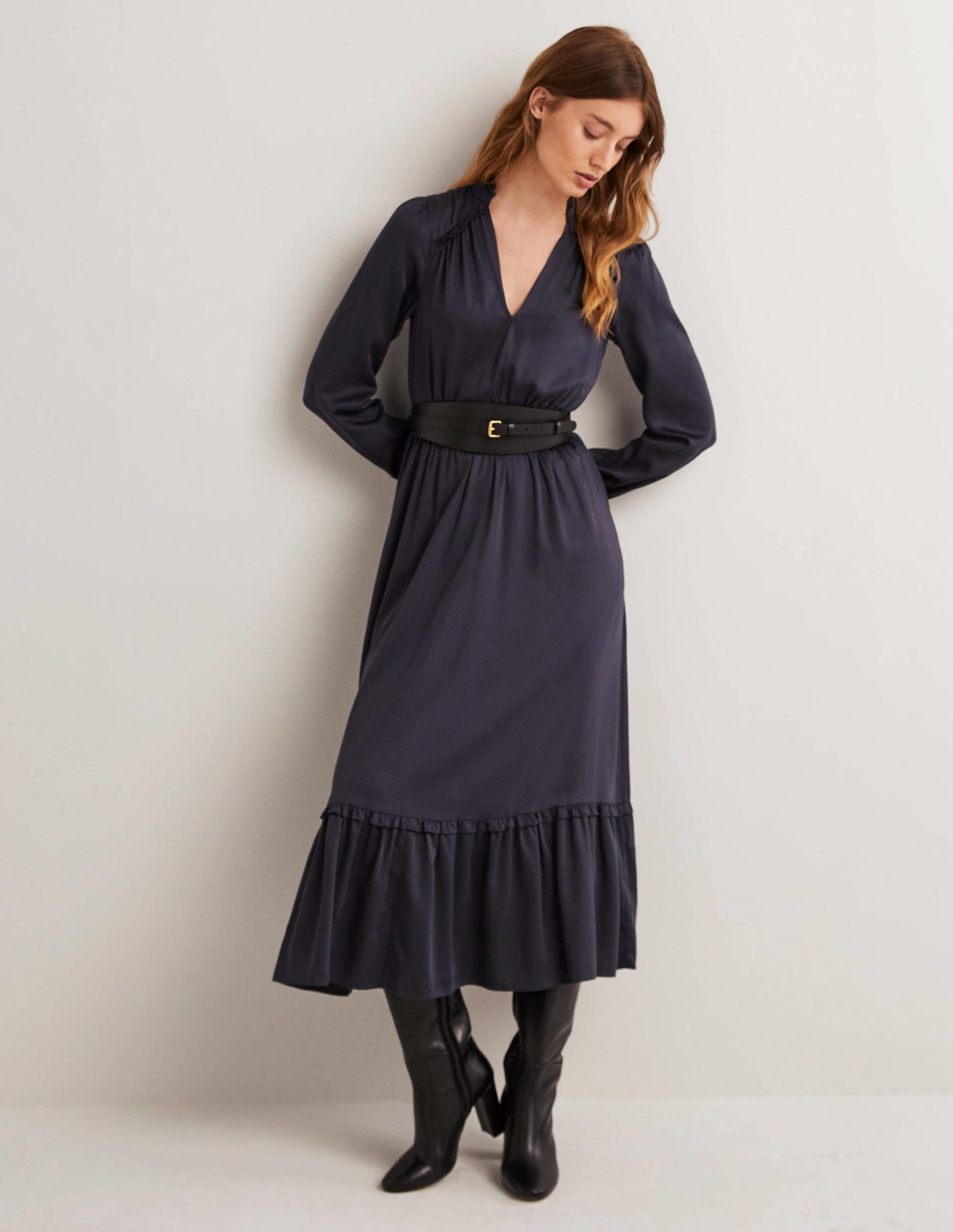 Pleat Detail Satin Midi Dress-Navy-5
