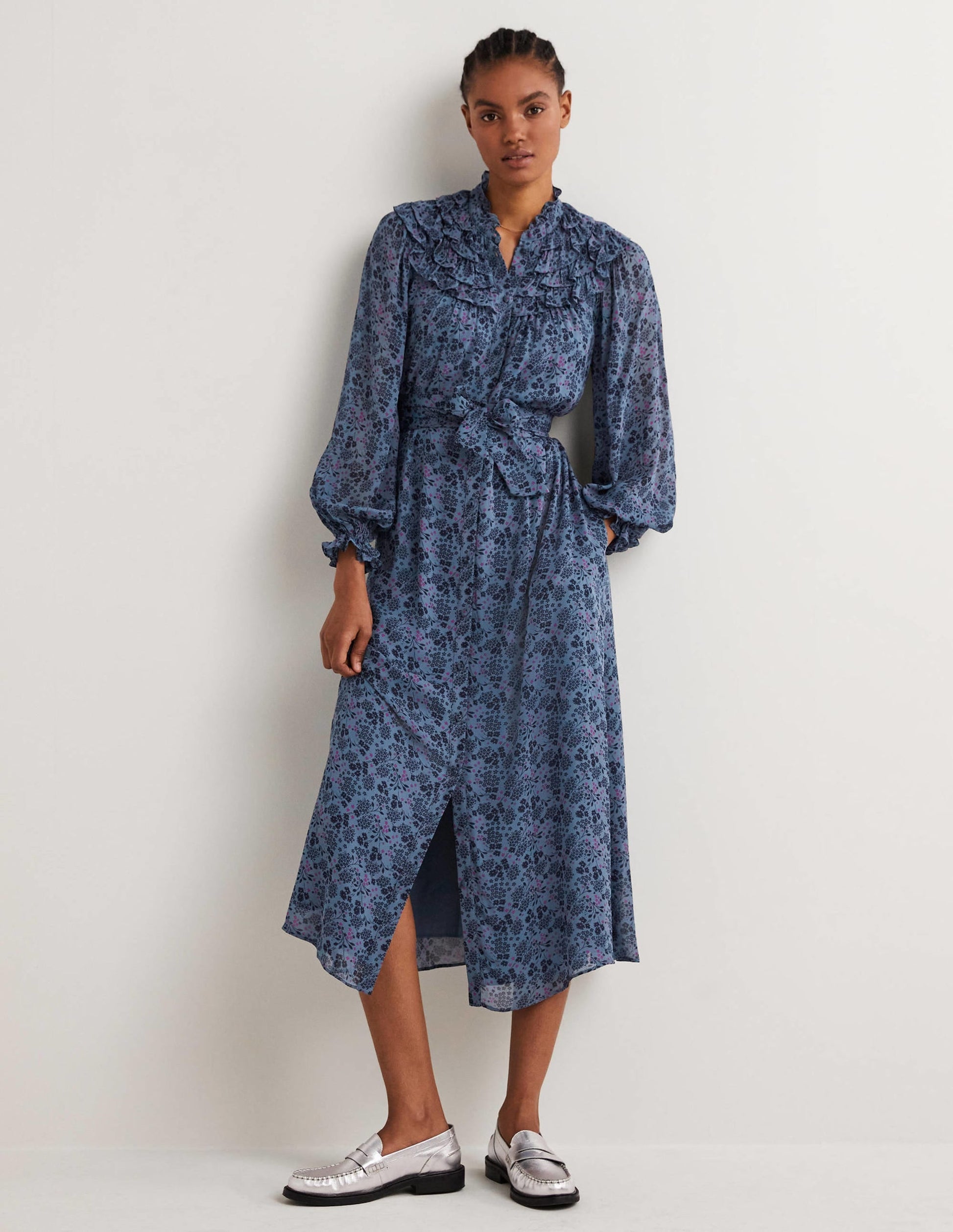 Ruffle Yoke Midi Shirt Dress-Mid Blue, Prairie Garden-1