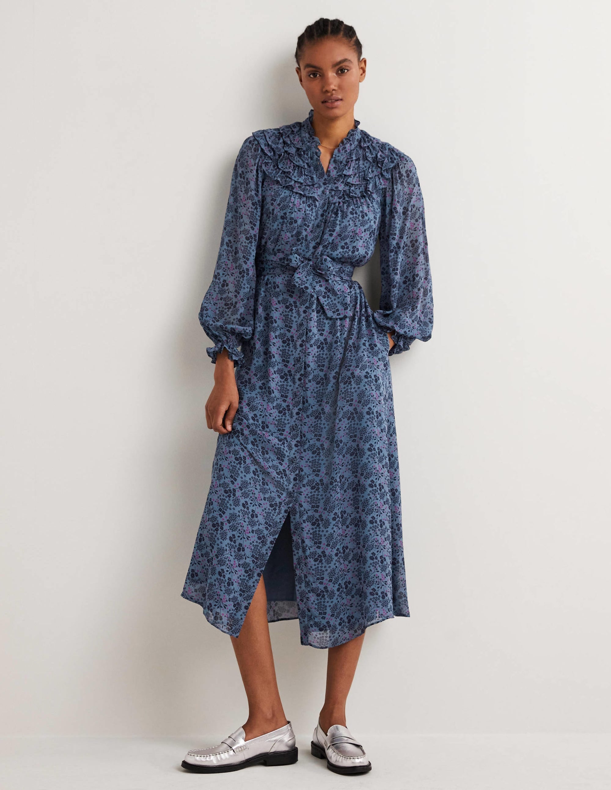 Ruffle Yoke Midi Shirt Dress-Mid Blue, Prairie Garden - Image 1
