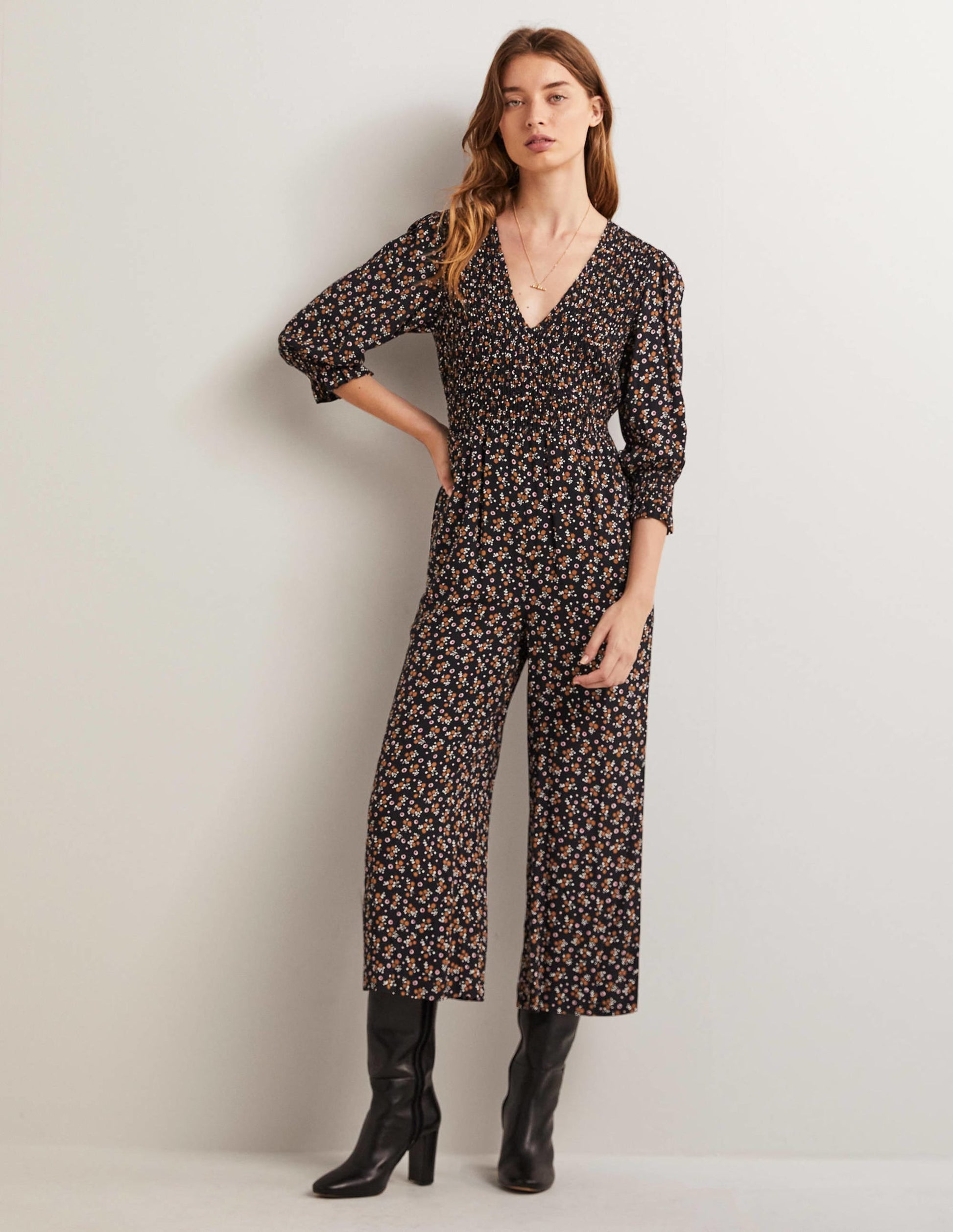 Smocked Bodice Jumpsuit-Black, Berry Sprig-5