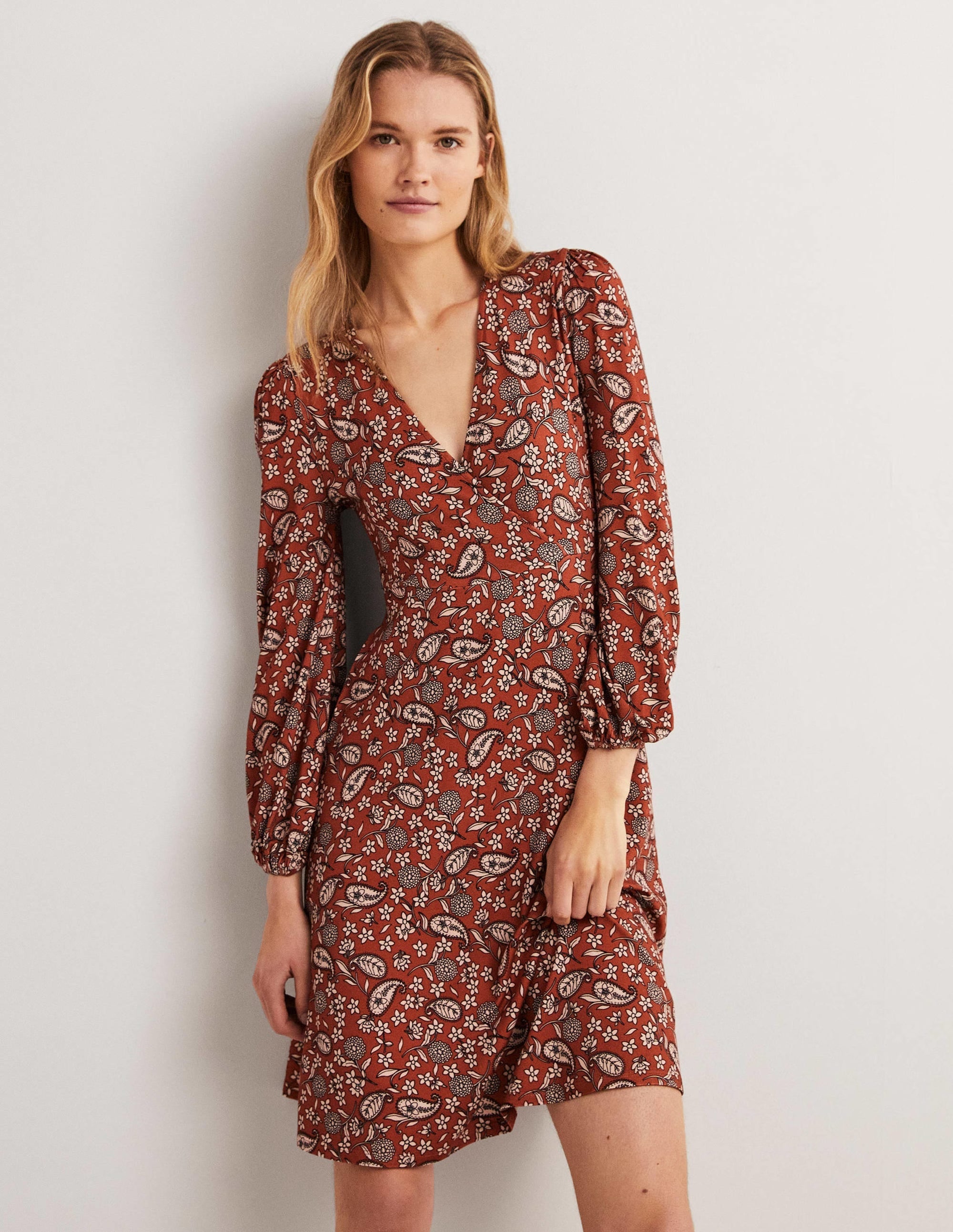 Easy Fixed Wrap Jersey Dress-Chili Oil, Flower Garden - Image 1