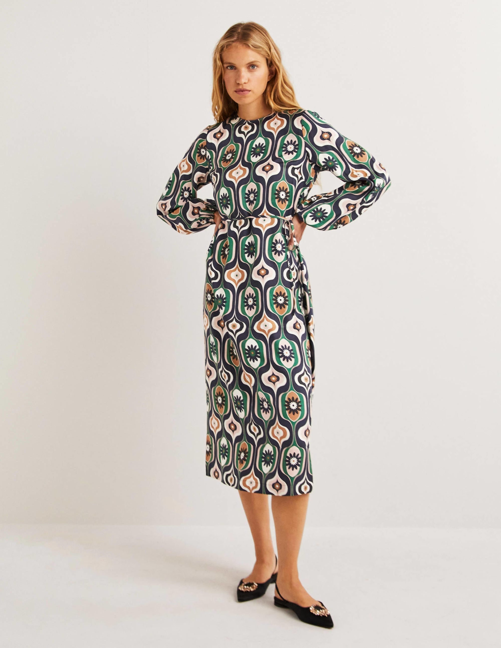 Long Sleeve Column Midi Dress-Multi, Geo Swirl - Image 1