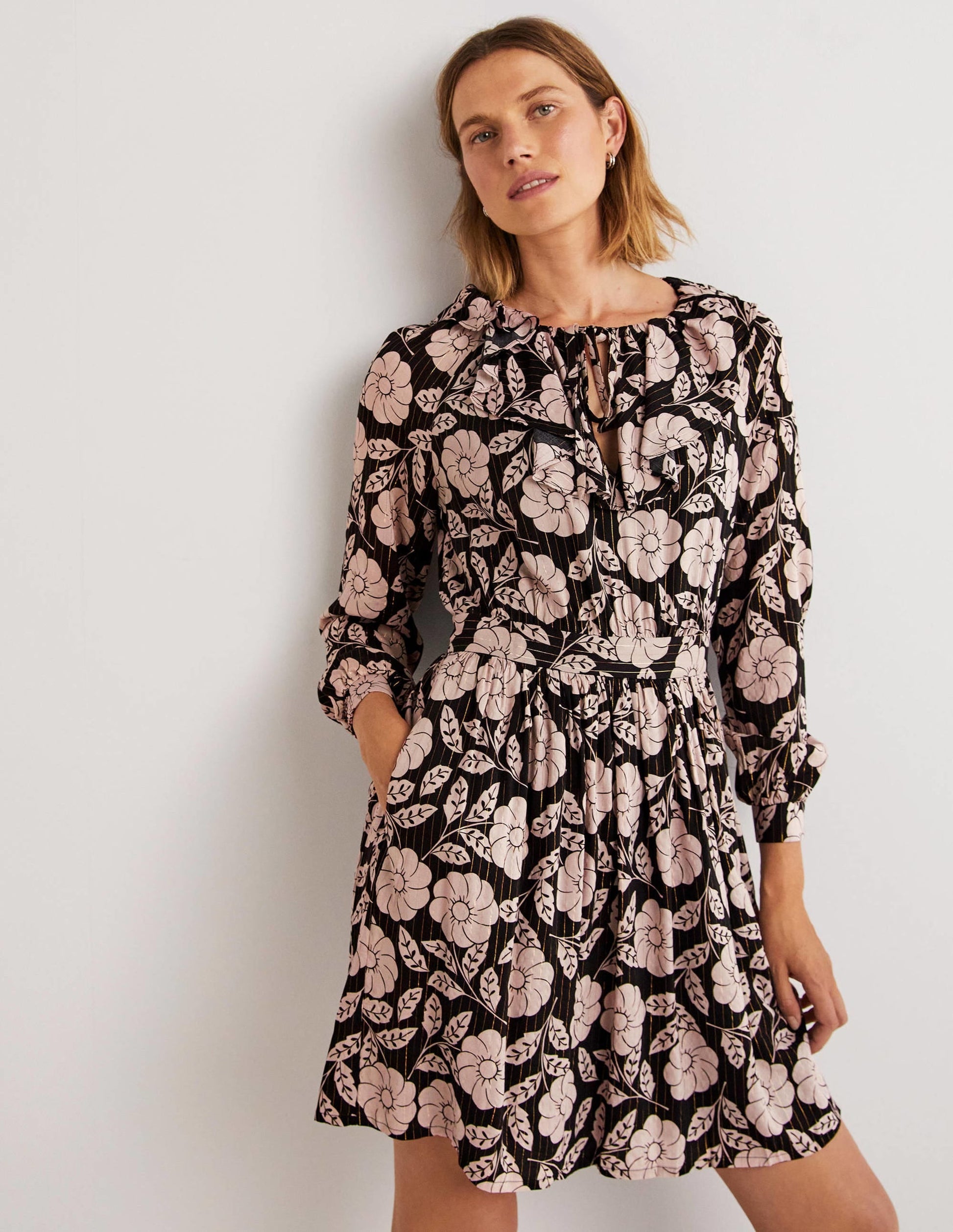 Metallic Frill Detail Dress-Black, Botanica-1