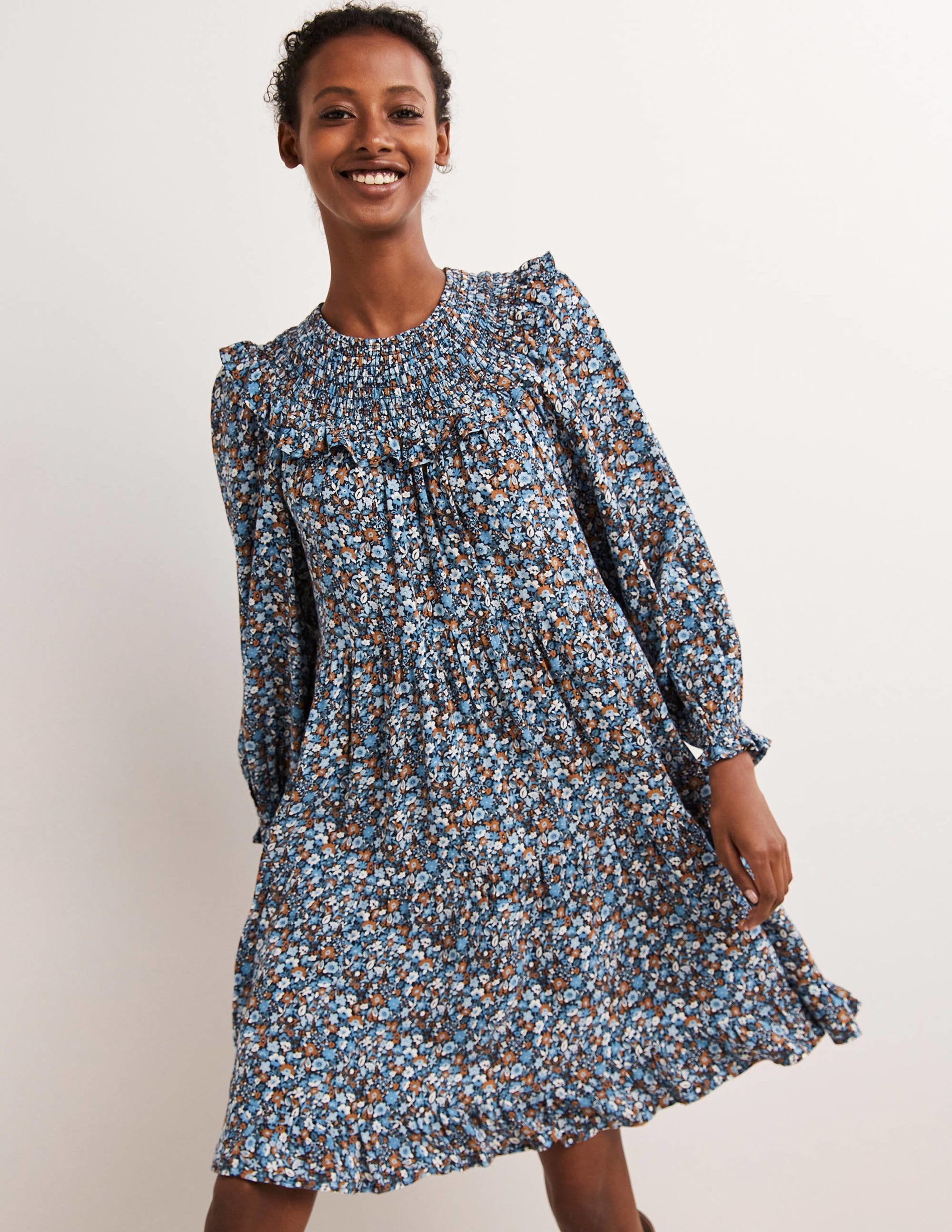 Smocked Yoke Tiered Dress-Riviera Blue, Floret Meadow - Image 1