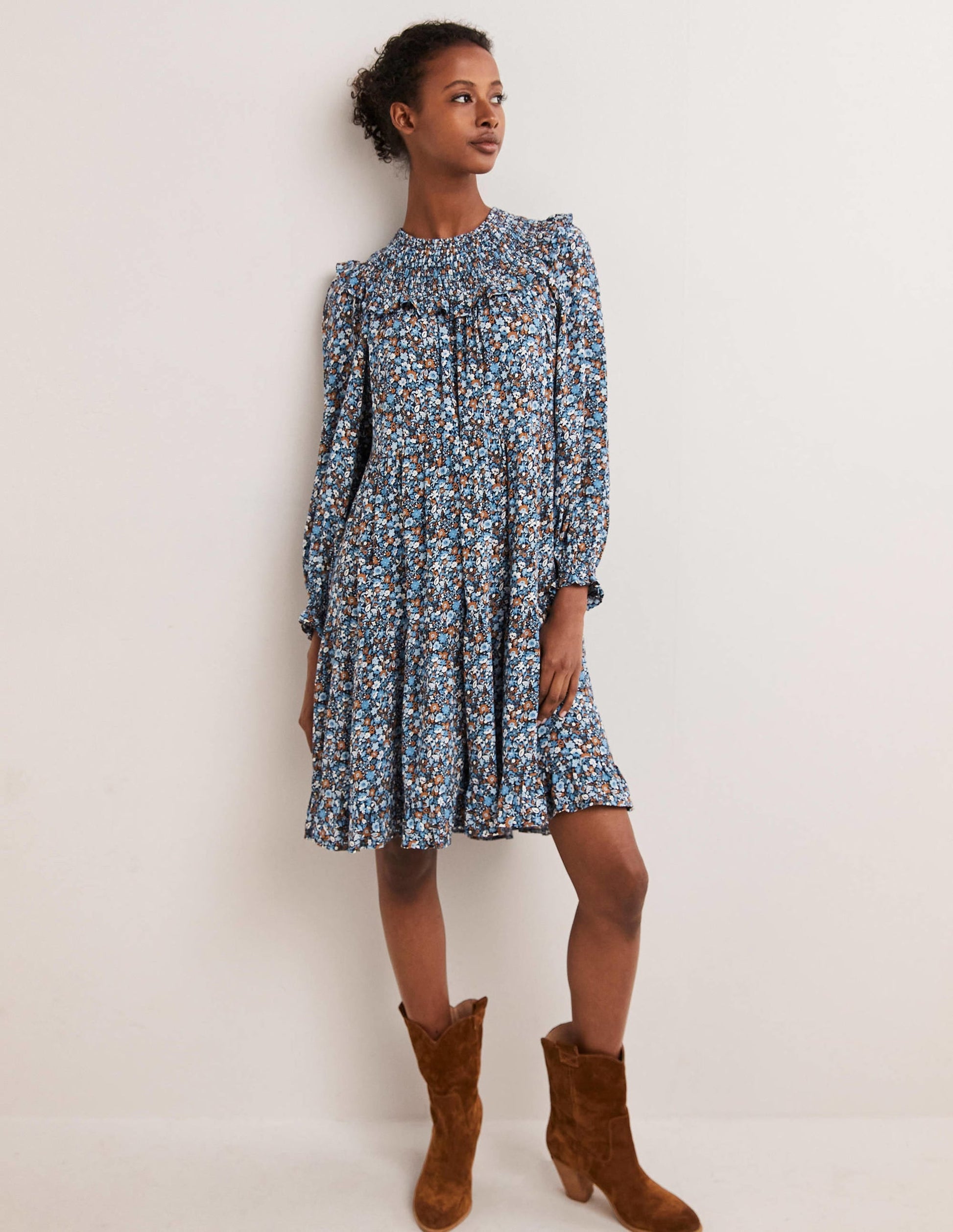 Smocked Yoke Tiered Dress-Riviera Blue, Floret Meadow-5