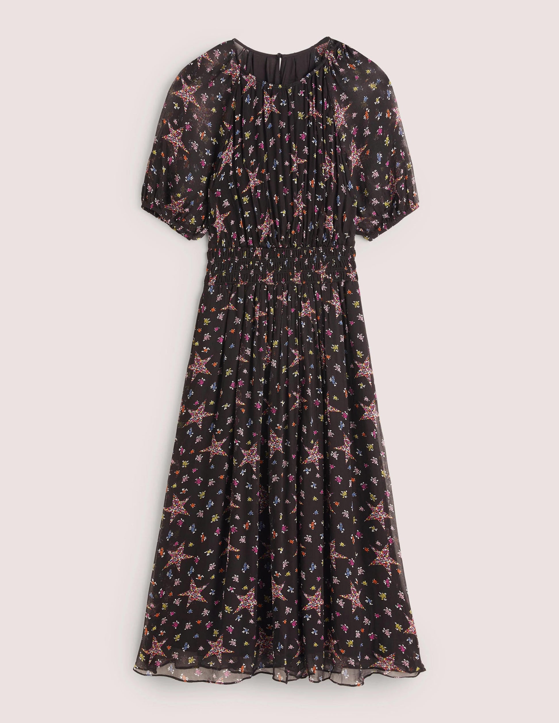 Deep Smocked Waist Midi Dress-Black, Star Floral-6
