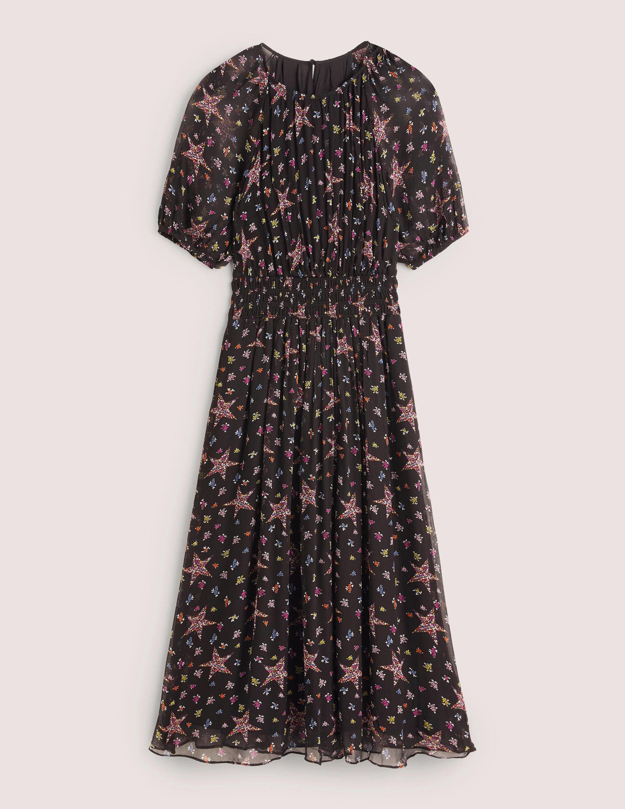 Deep Smocked Waist Midi Dress-Black, Star Floral - Image 6