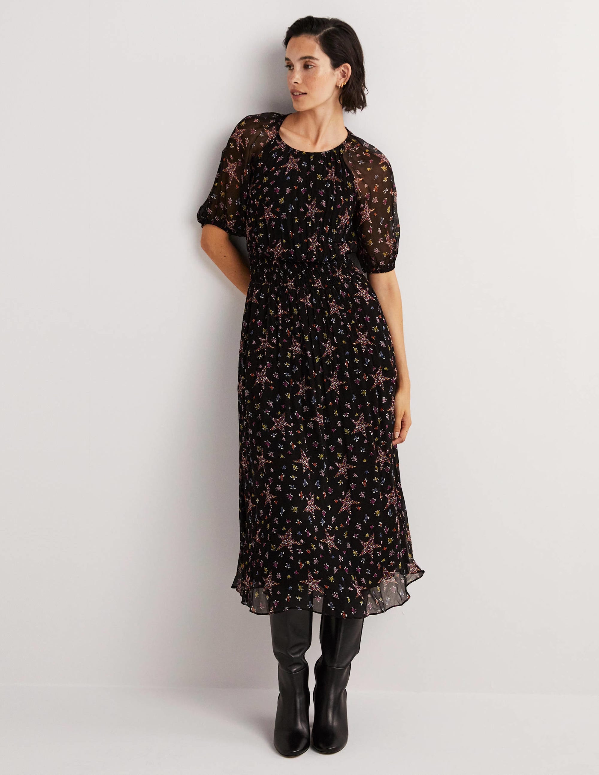 Deep Smocked Waist Midi Dress-Black, Star Floral - Image 1