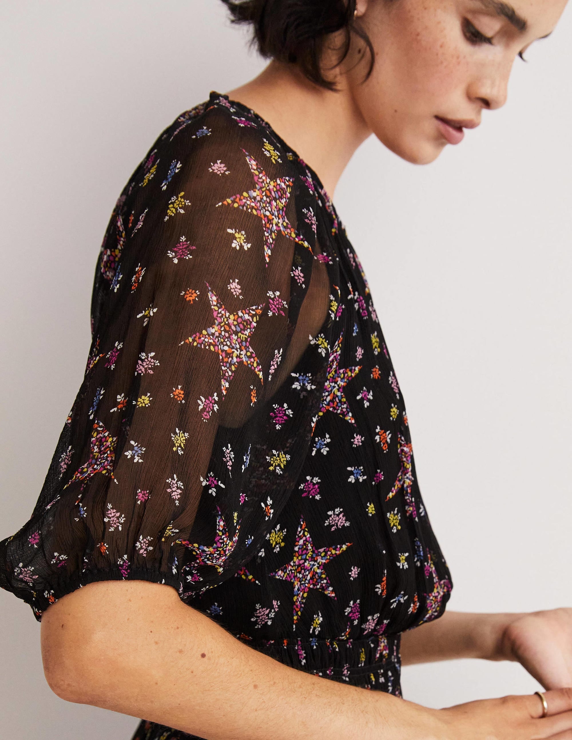 Deep Smocked Waist Midi Dress-Black, Star Floral - Image 2