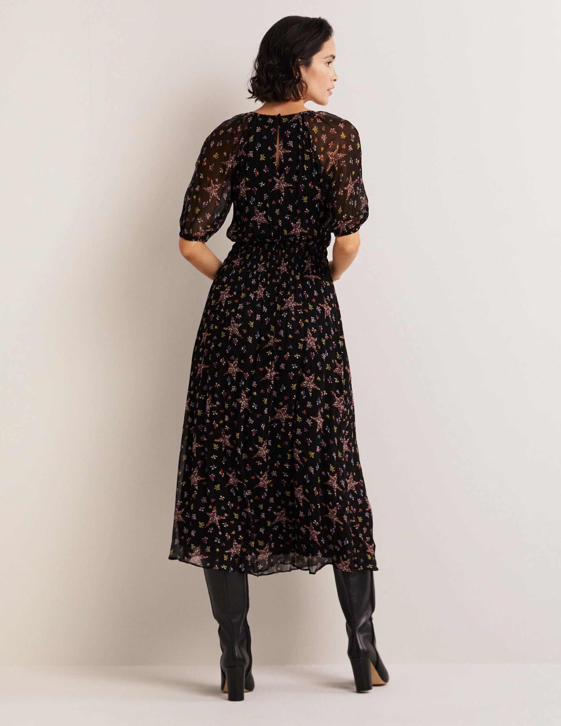 Deep Smocked Waist Midi Dress-Black, Star Floral-3