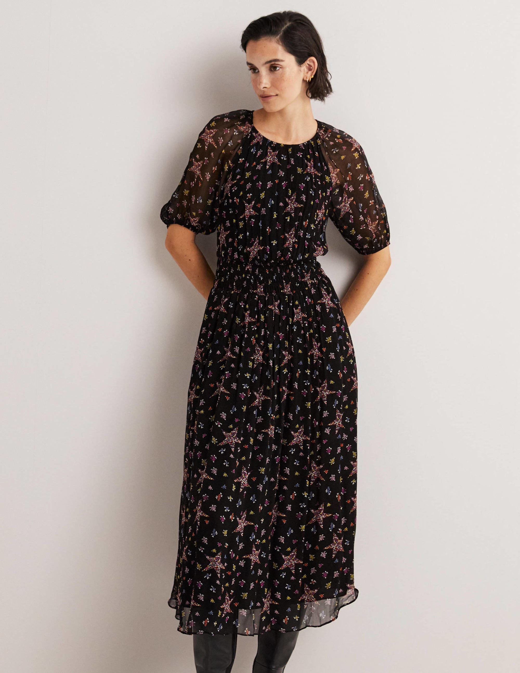 Deep Smocked Waist Midi Dress-Black, Star Floral - Image 4