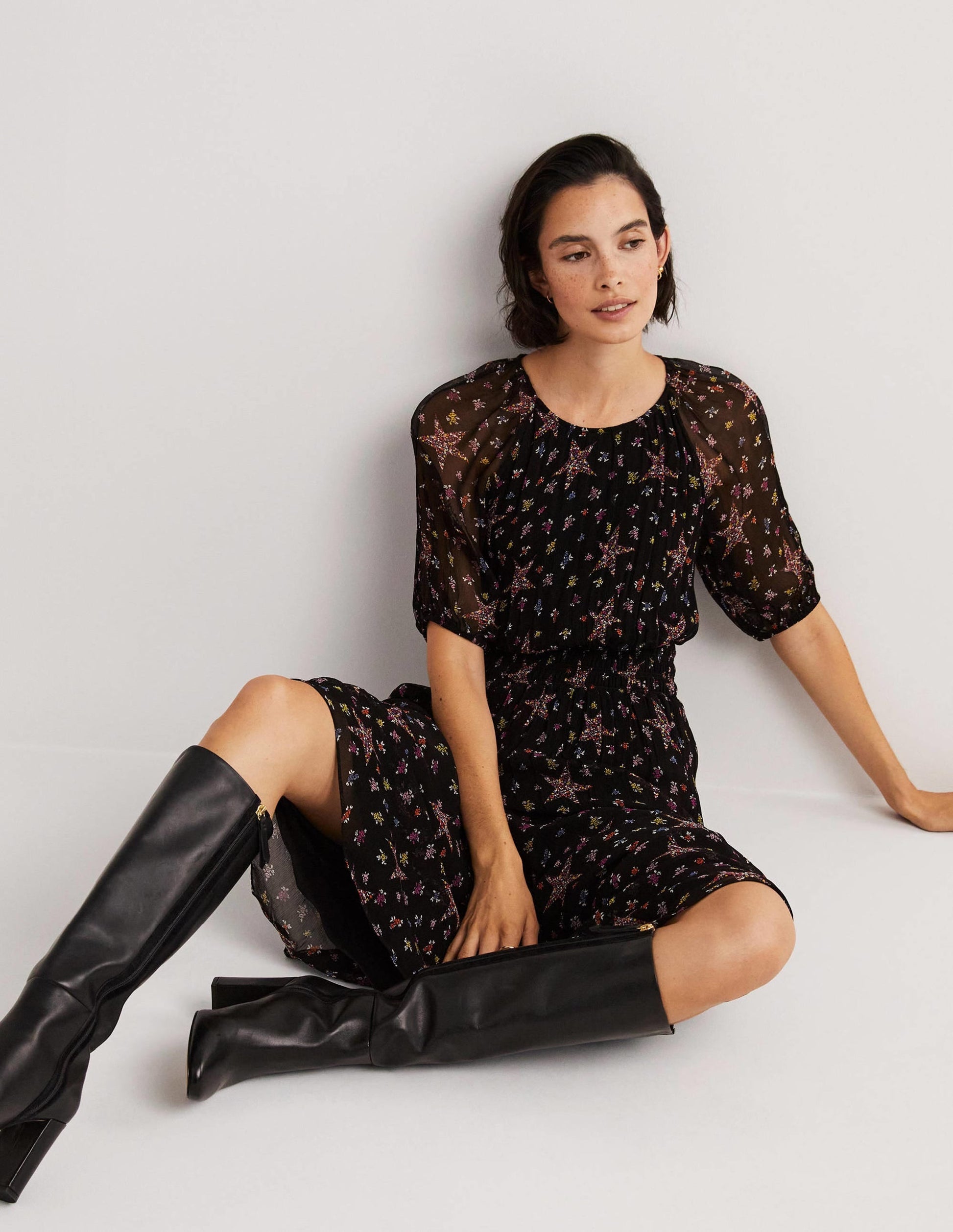 Deep Smocked Waist Midi Dress-Black, Star Floral-5