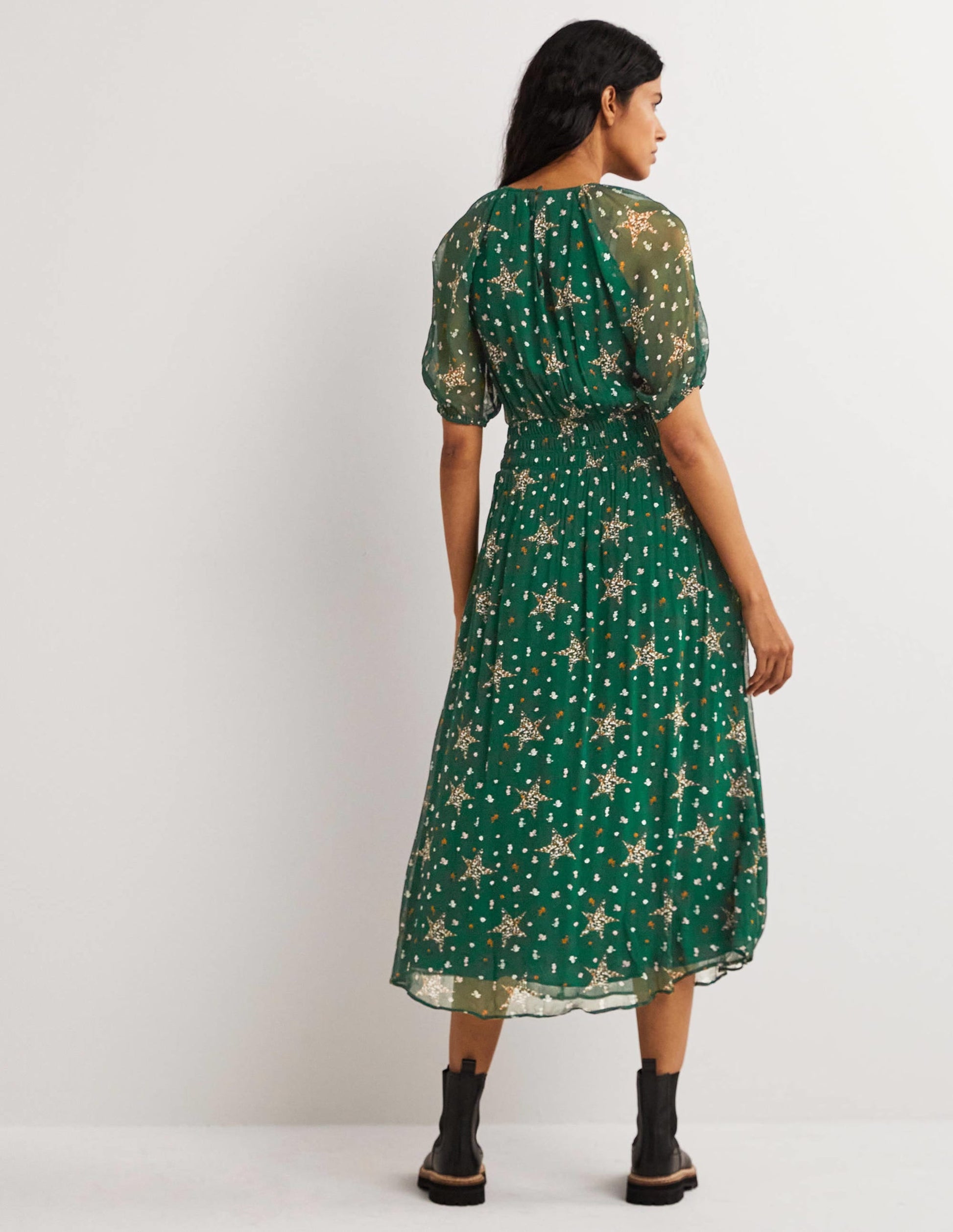 Deep Smocked Waist Midi Dress-Hunter Green, Star Floral-3