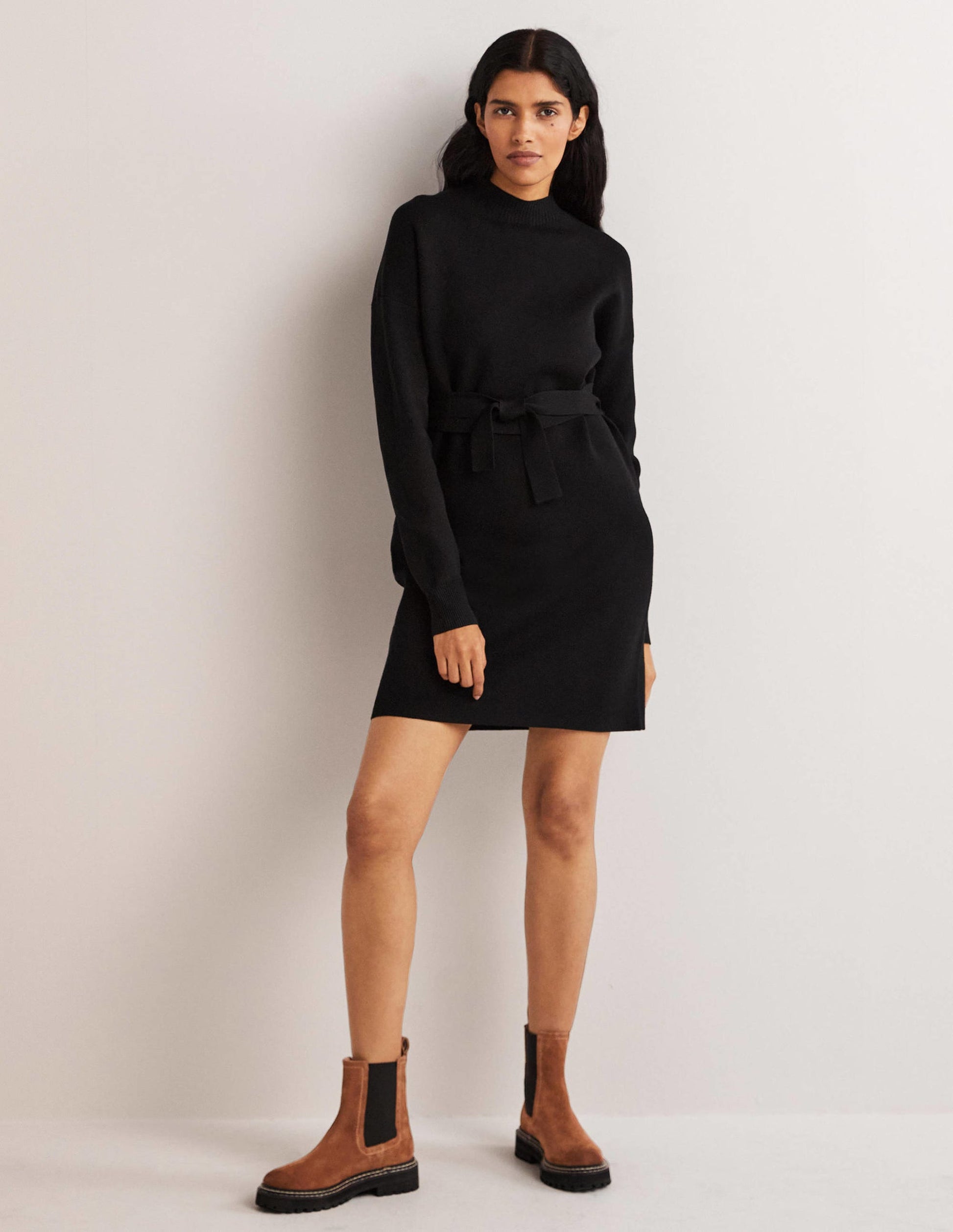 High Neck Knitted Shift Dress-Black-1
