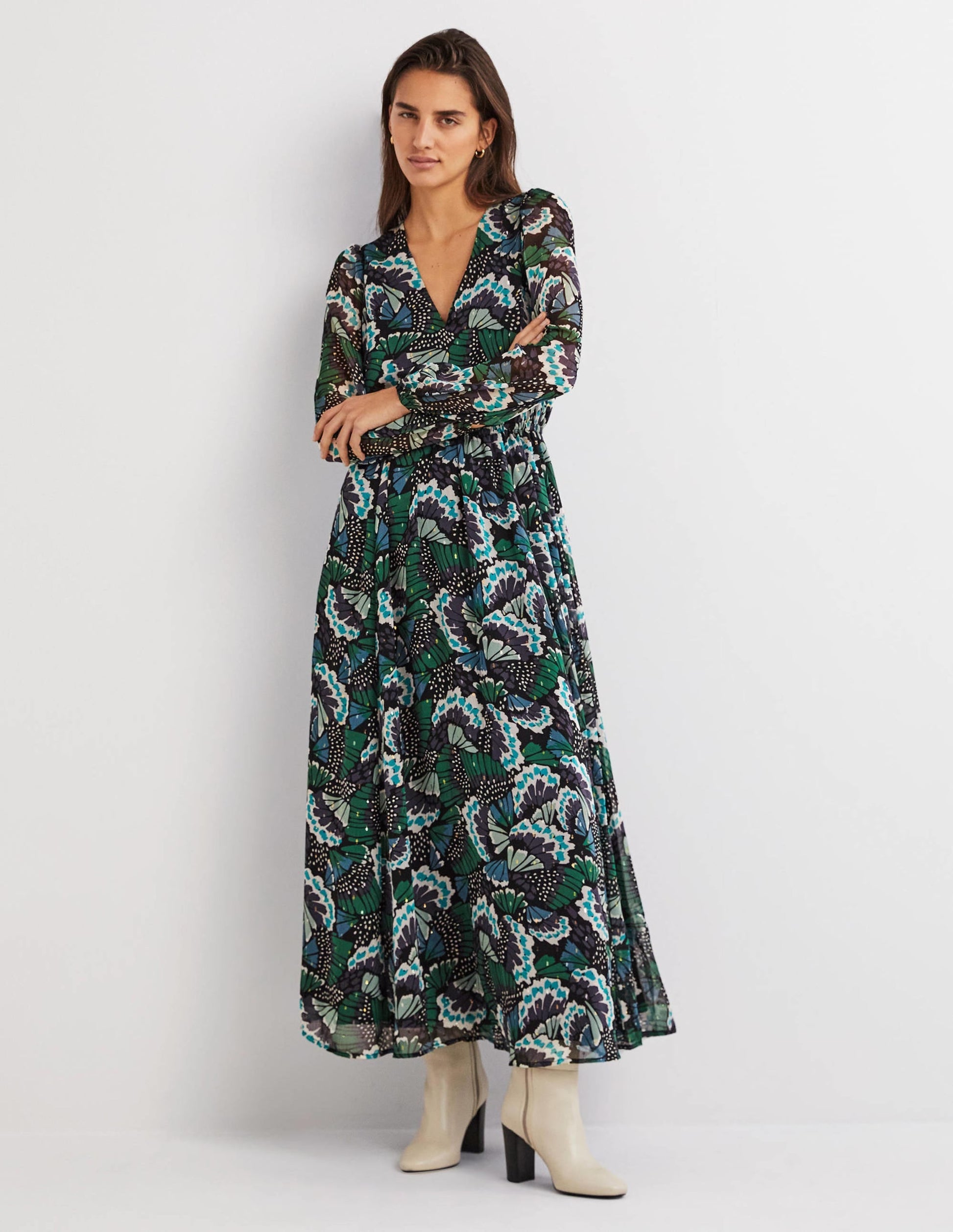 Metallic Detail Maxi Dress-Black, Petal Stamp-1