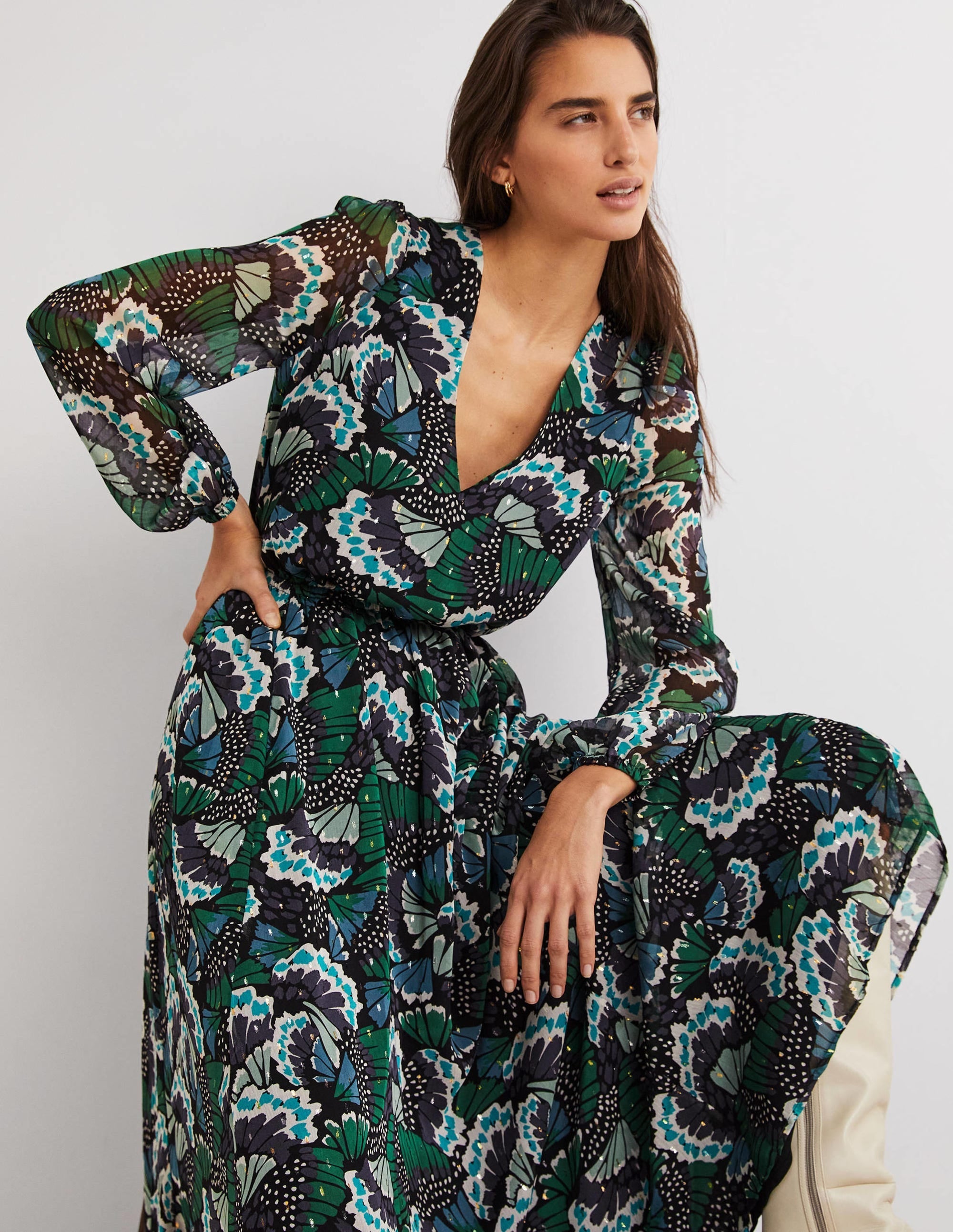 Metallic Detail Maxi Dress-Black, Petal Stamp - Image 2