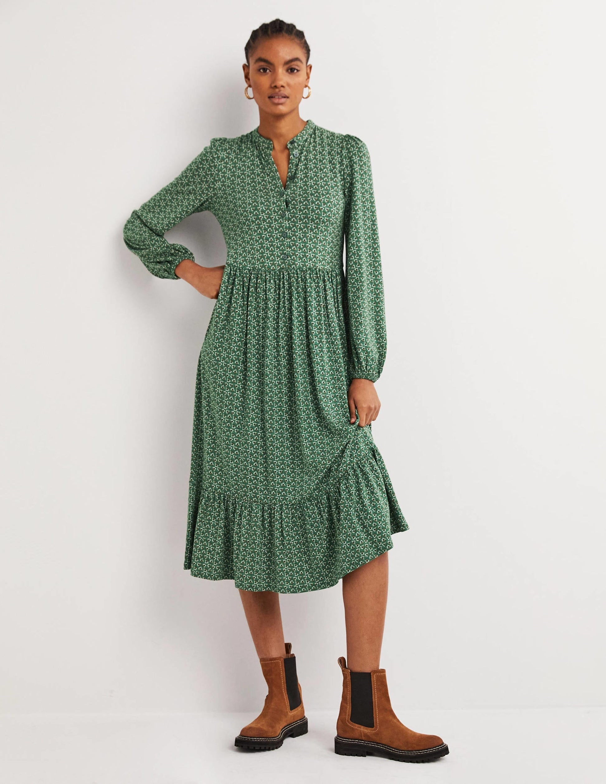 Buttoned Jersey Midi Dress-Hunter Green, Diamond Bud-1