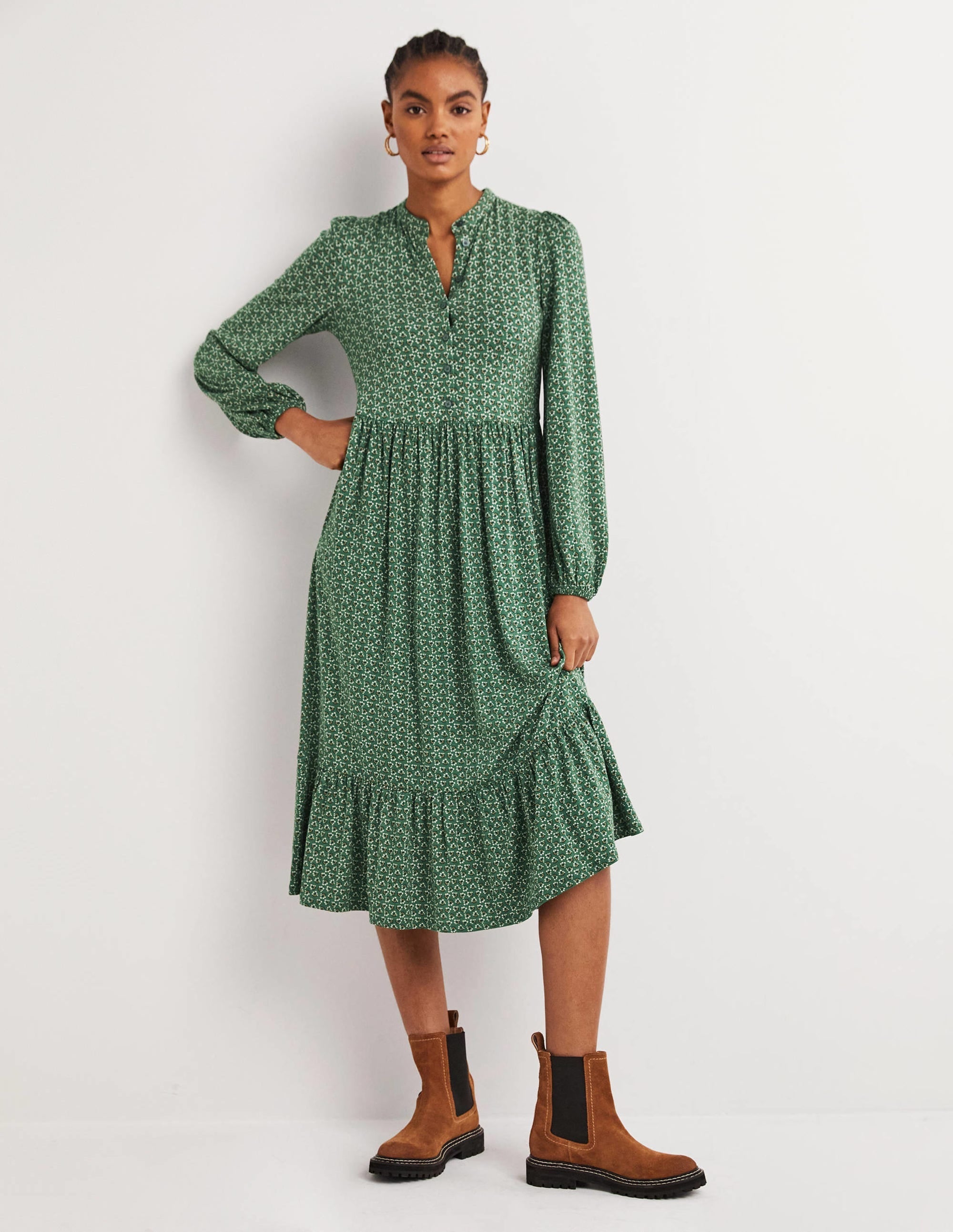 Buttoned Jersey Midi Dress-Hunter Green, Diamond Bud - Image 1