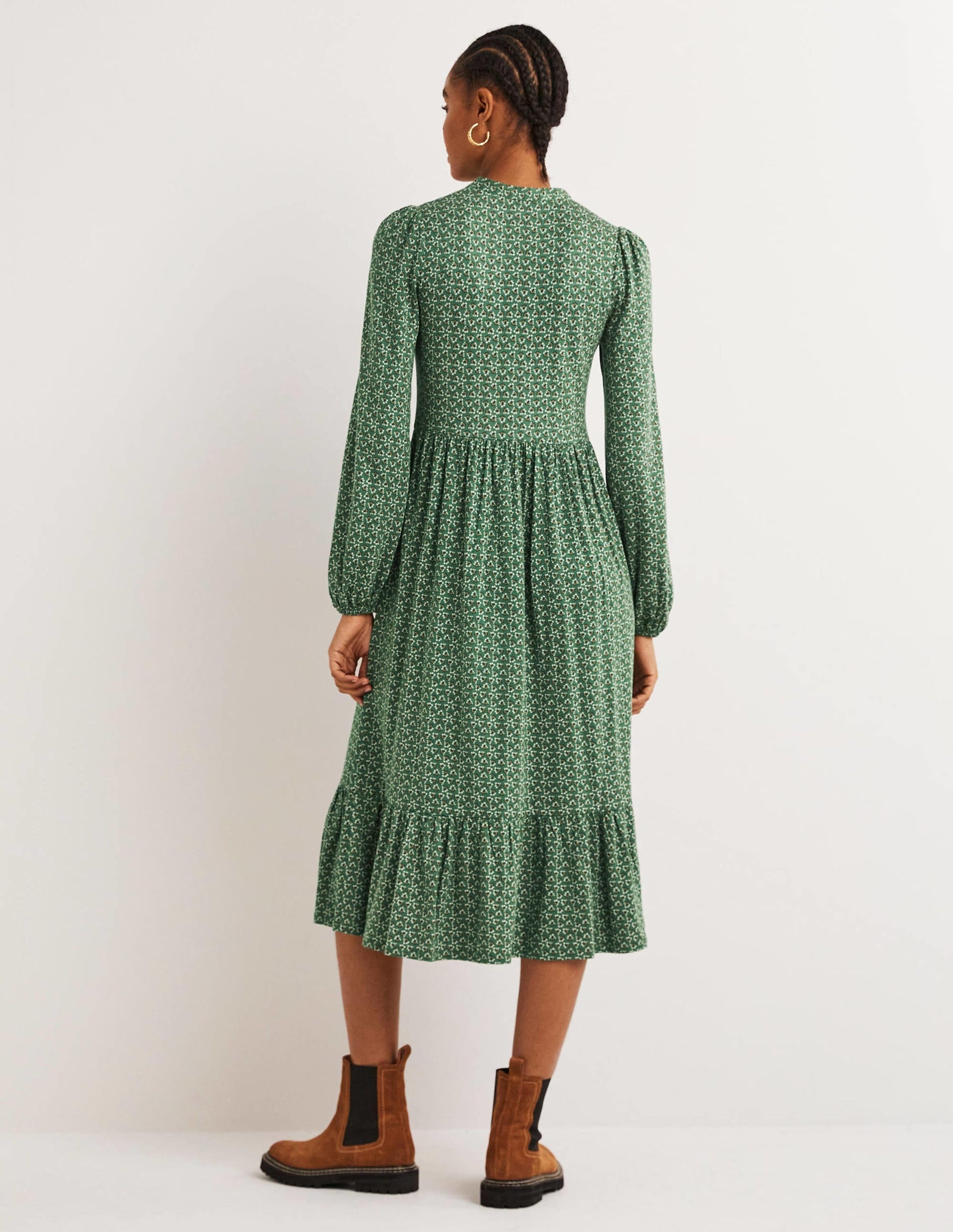 Buttoned Jersey Midi Dress-Hunter Green, Diamond Bud-3