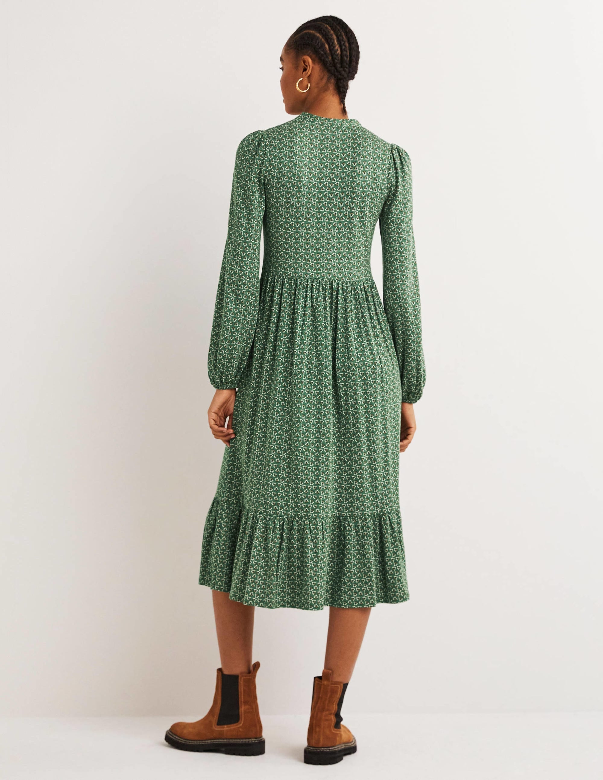 Buttoned Jersey Midi Dress-Hunter Green, Diamond Bud - Image 3