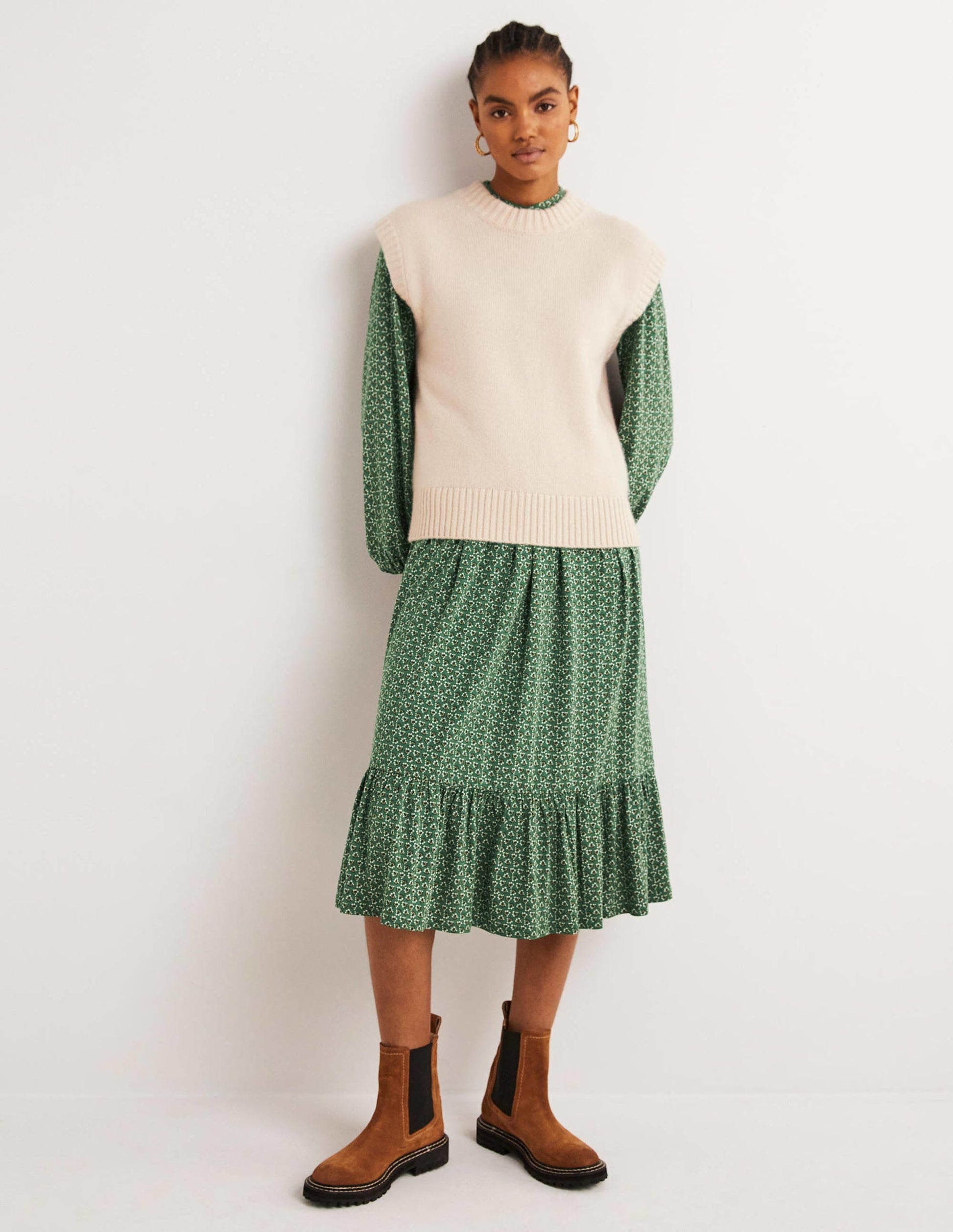 Buttoned Jersey Midi Dress-Hunter Green, Diamond Bud-4