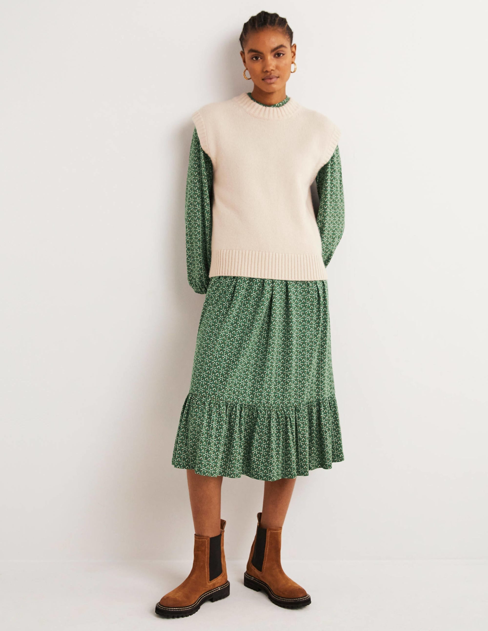 Buttoned Jersey Midi Dress-Hunter Green, Diamond Bud - Image 4