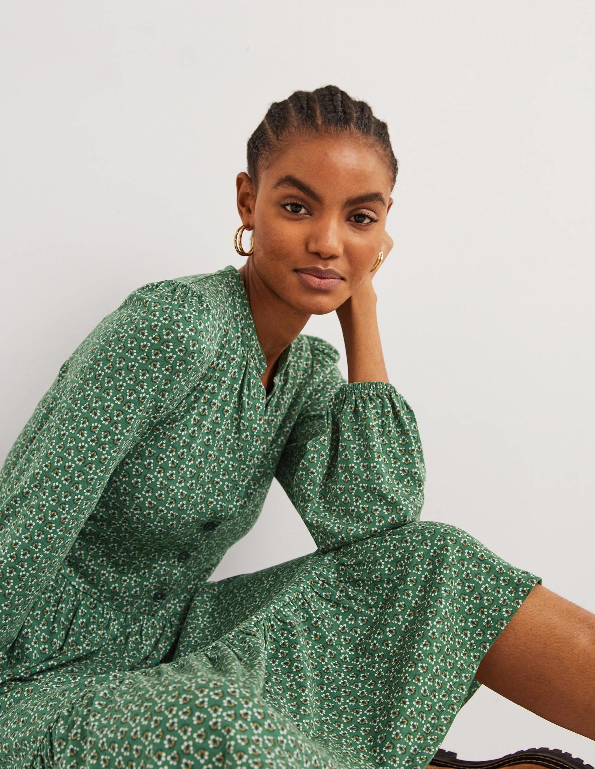 Buttoned Jersey Midi Dress-Hunter Green, Diamond Bud-5