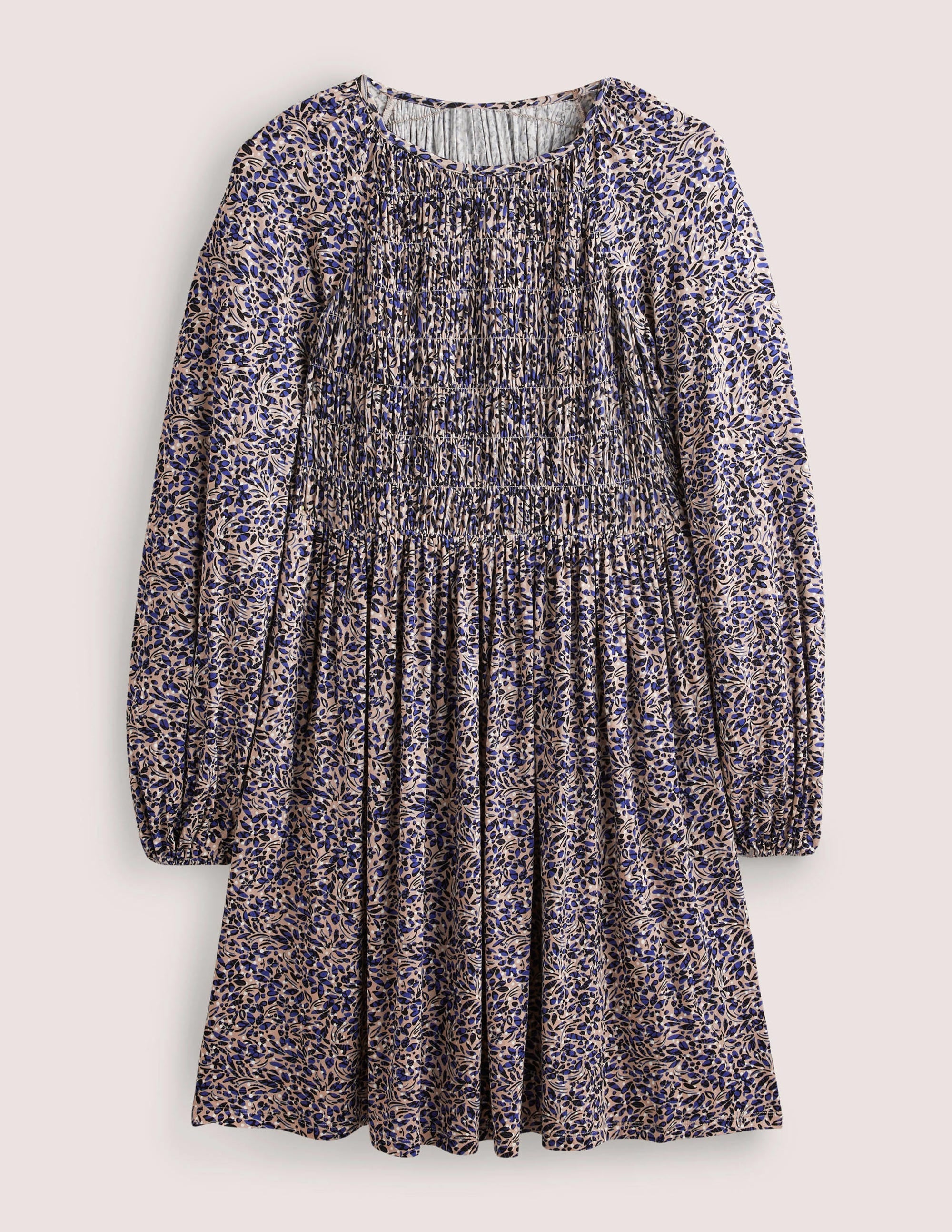 Smocked Bodice Jersey Dress-Persian Blue, Leaf Cluster - Image 5