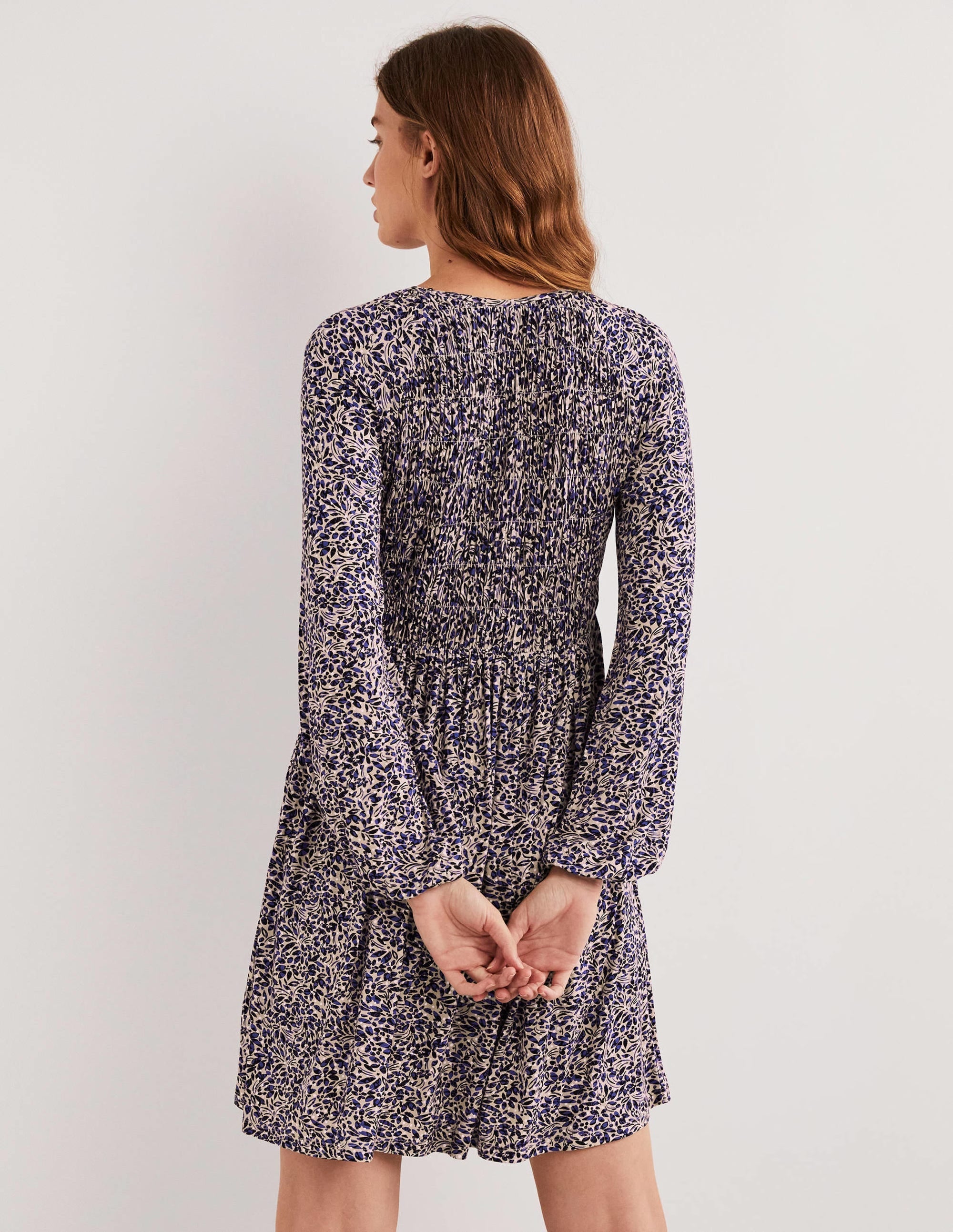 Smocked Bodice Jersey Dress-Persian Blue, Leaf Cluster - Image 3