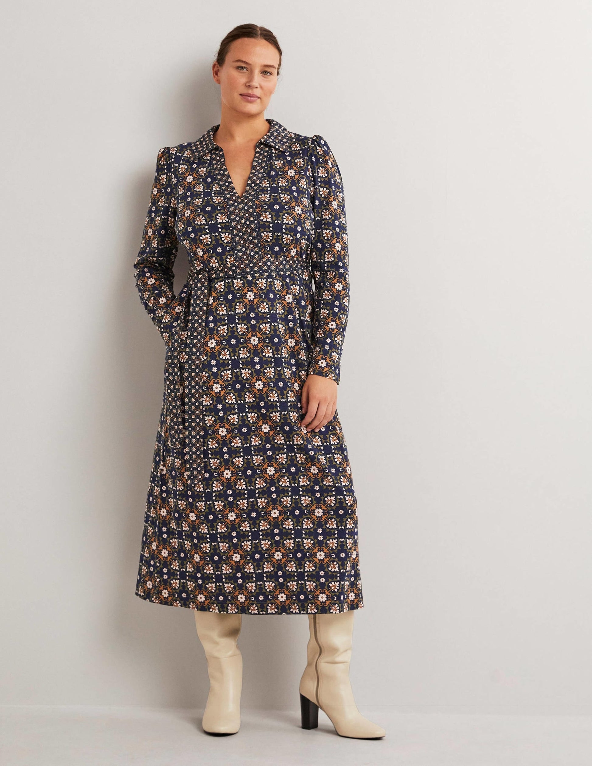 Jersey Midi Shirt Dress-Basil, Bloom Tile-1