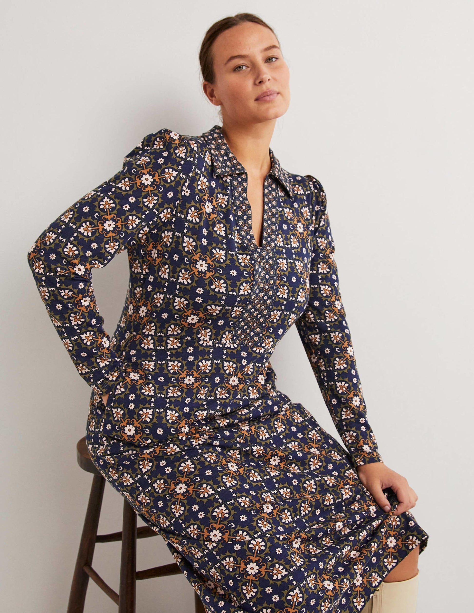 Jersey Midi Shirt Dress-Basil, Bloom Tile-4