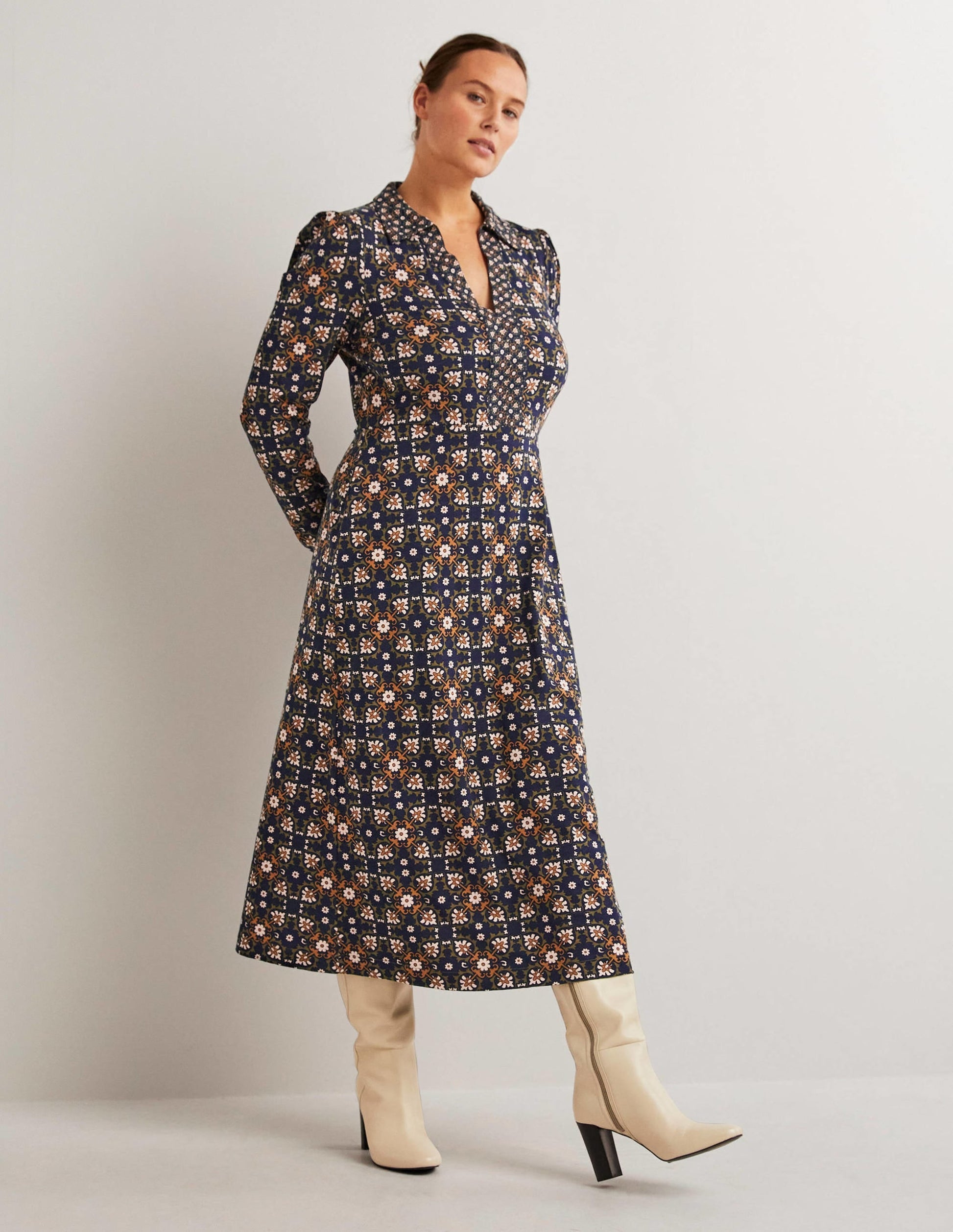 Jersey Midi Shirt Dress-Basil, Bloom Tile-5
