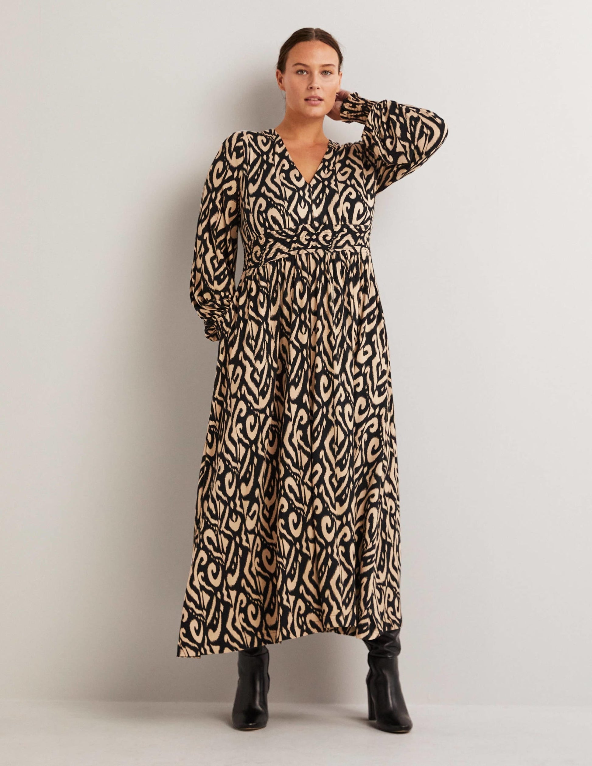 Smocked Jersey Midi Dress-Black, Ikat-5