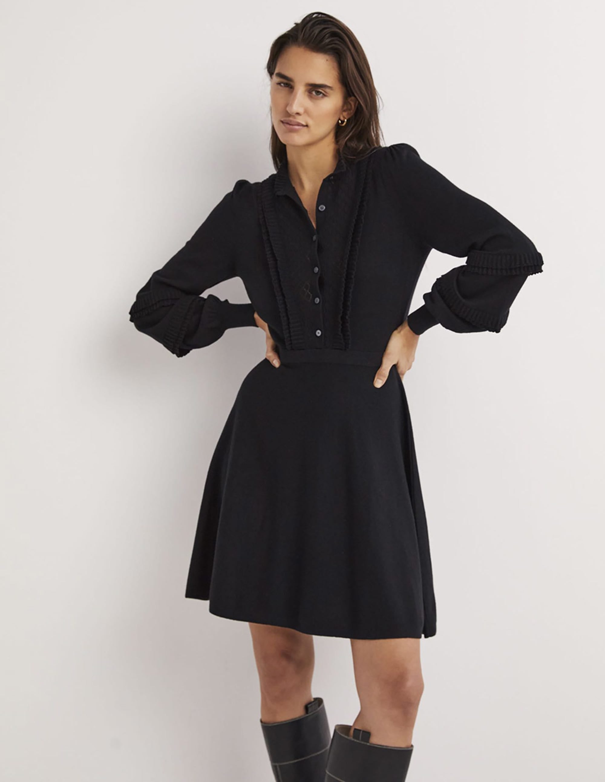 Frill Knitted Mini Dress-Black - Image 1