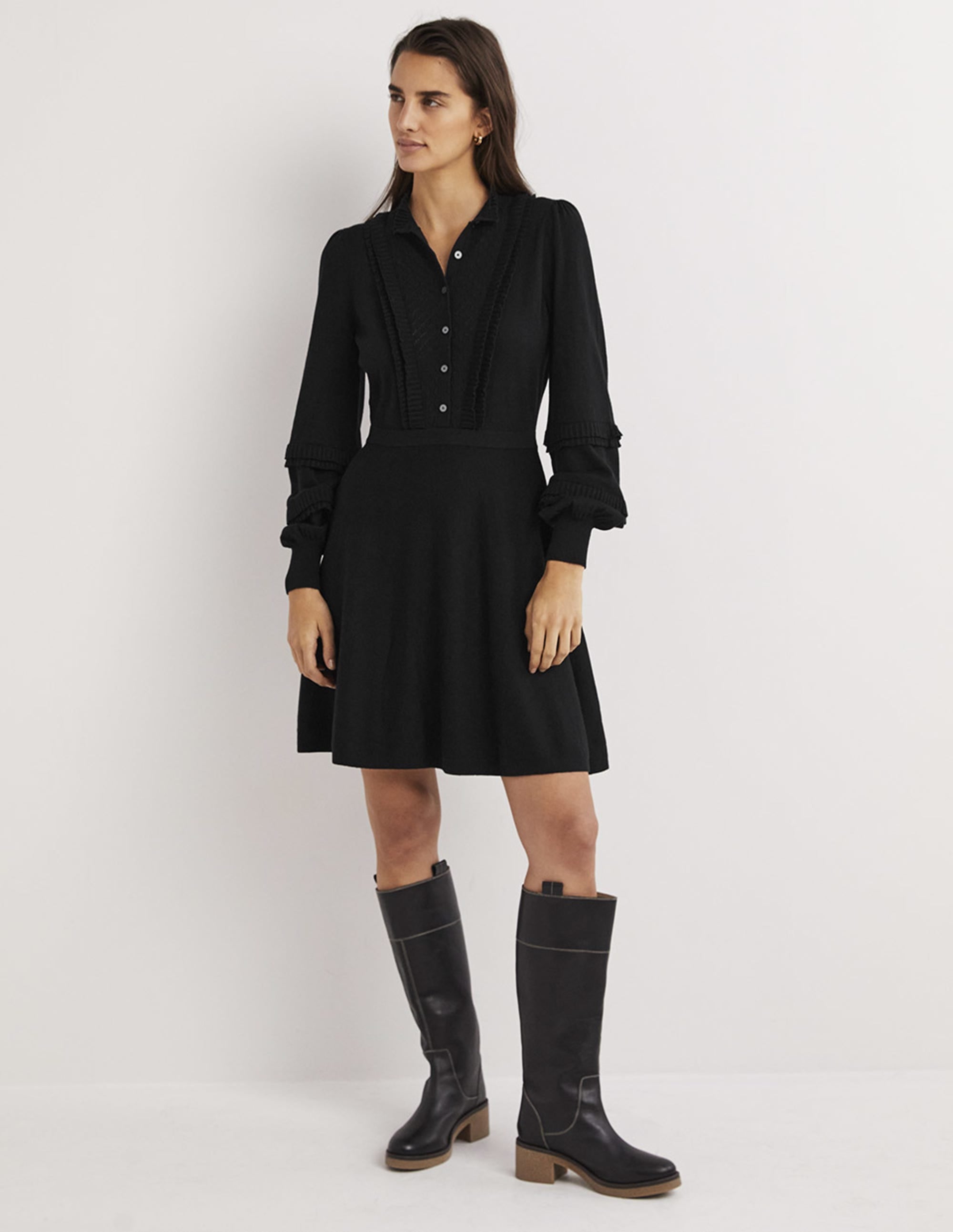 Frill Knitted Mini Dress-Black - Image 5