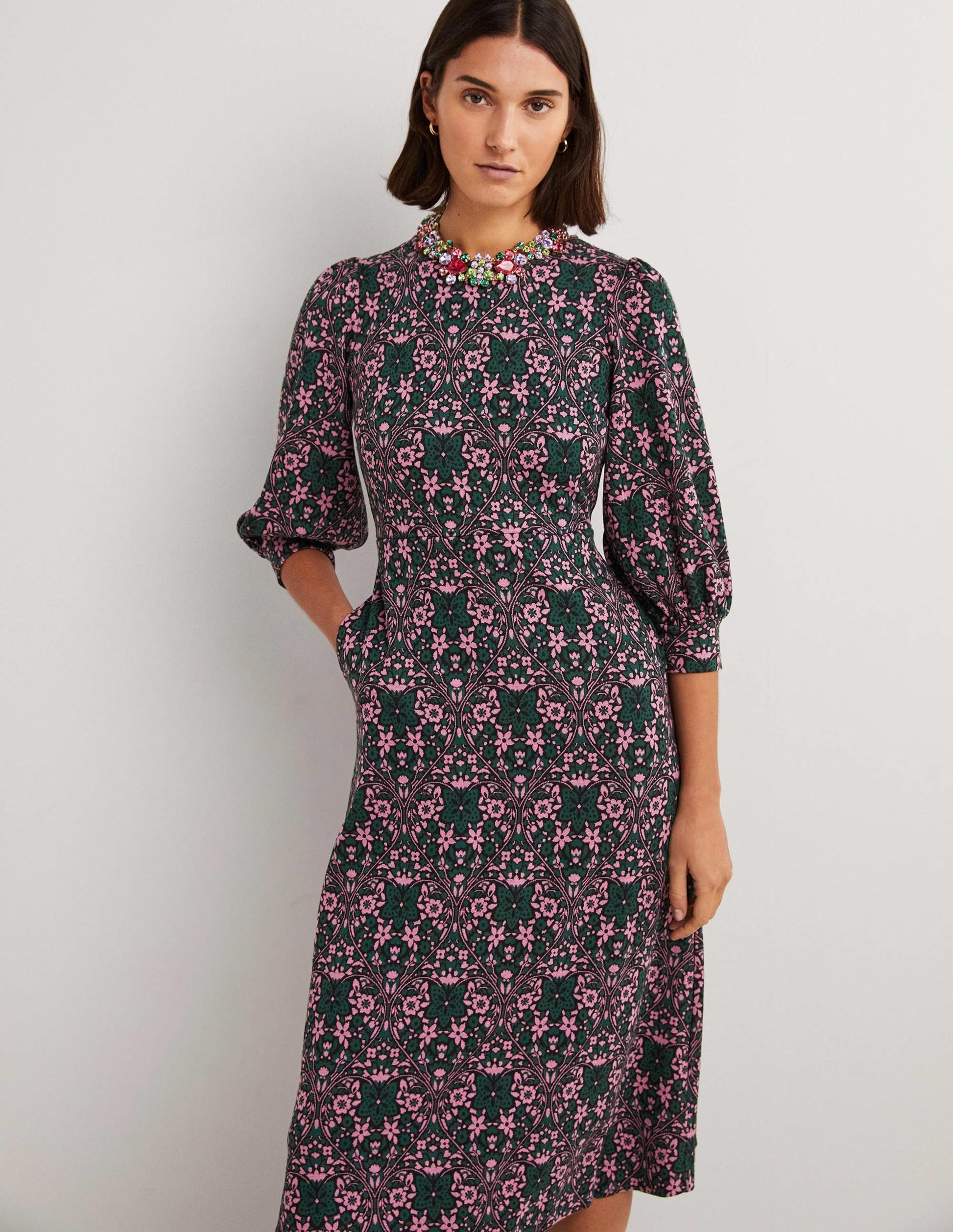 Jersey Jacquard Midi Dress-Trekking Green, Heart Bloom-1
