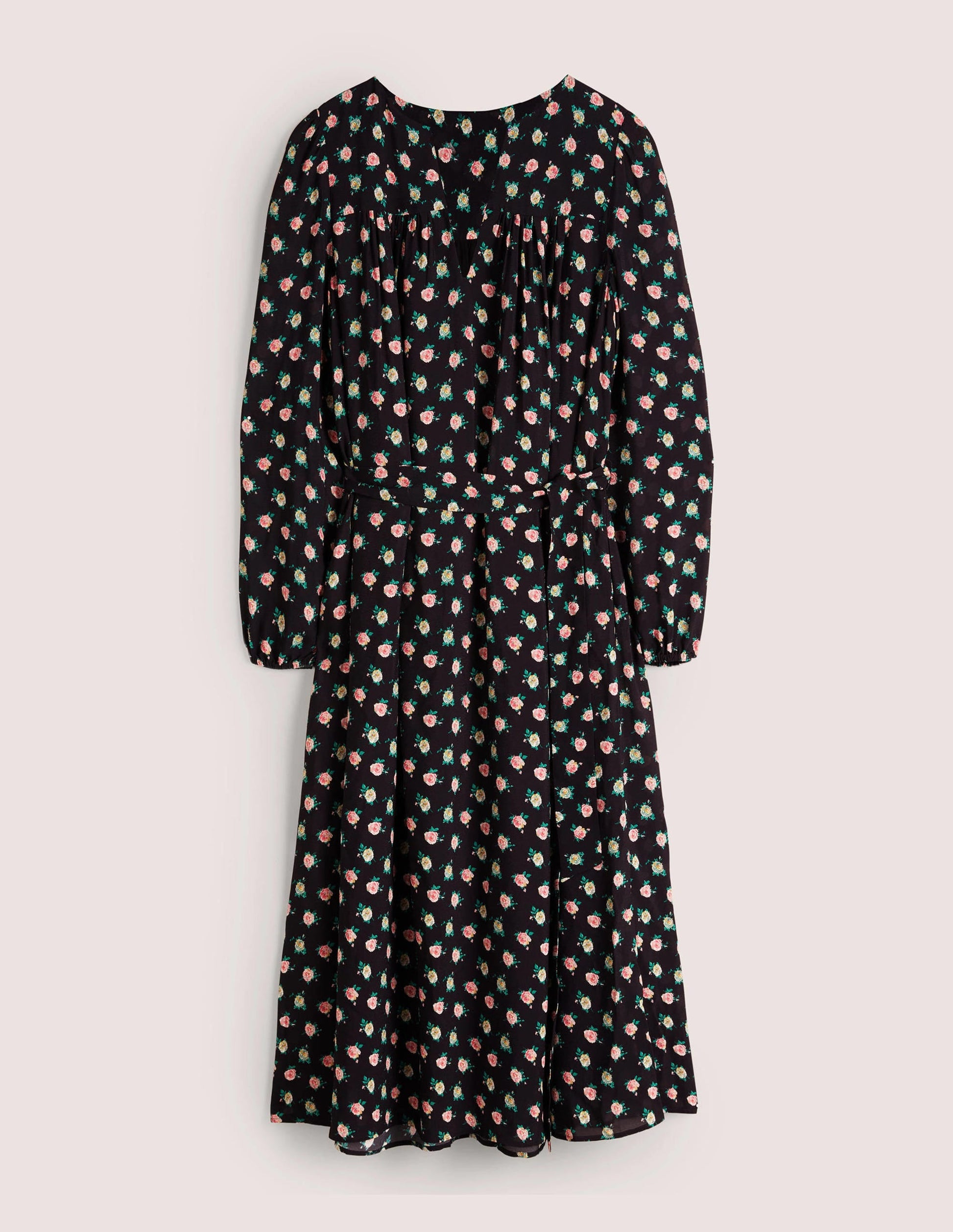 Gathered Yoke Midi Dress-Black, Painterly Rose-6