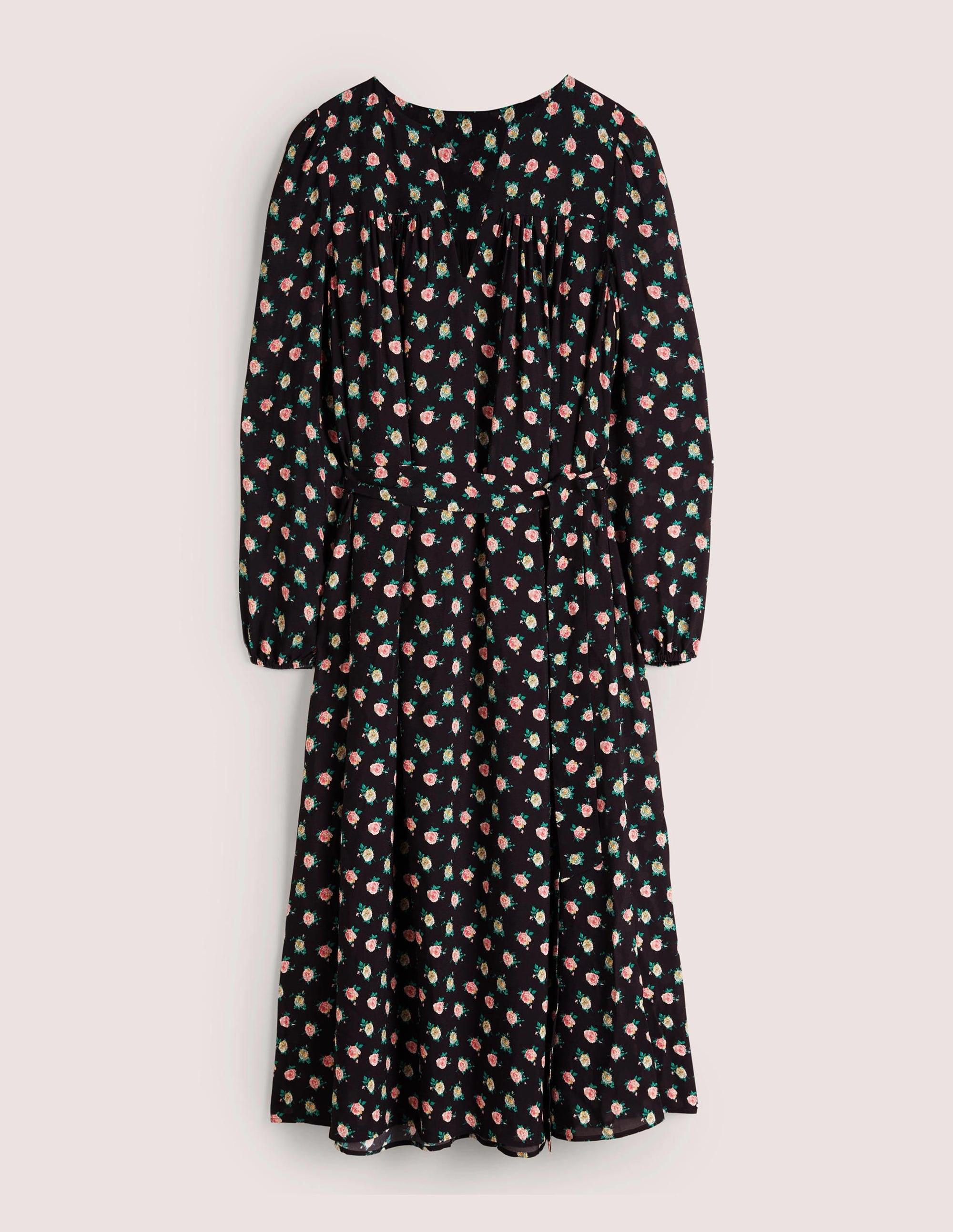 Gathered Yoke Midi Dress-Black, Painterly Rose - Image 6