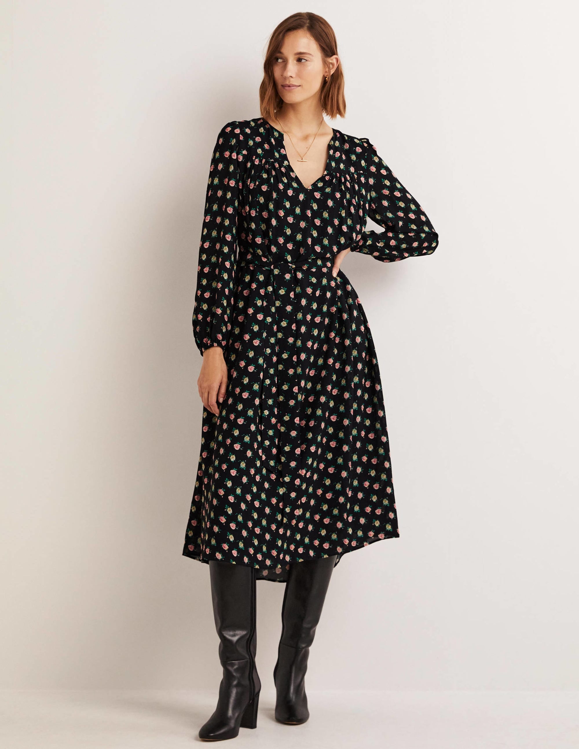 Gathered Yoke Midi Dress-Black, Painterly Rose - Image 1