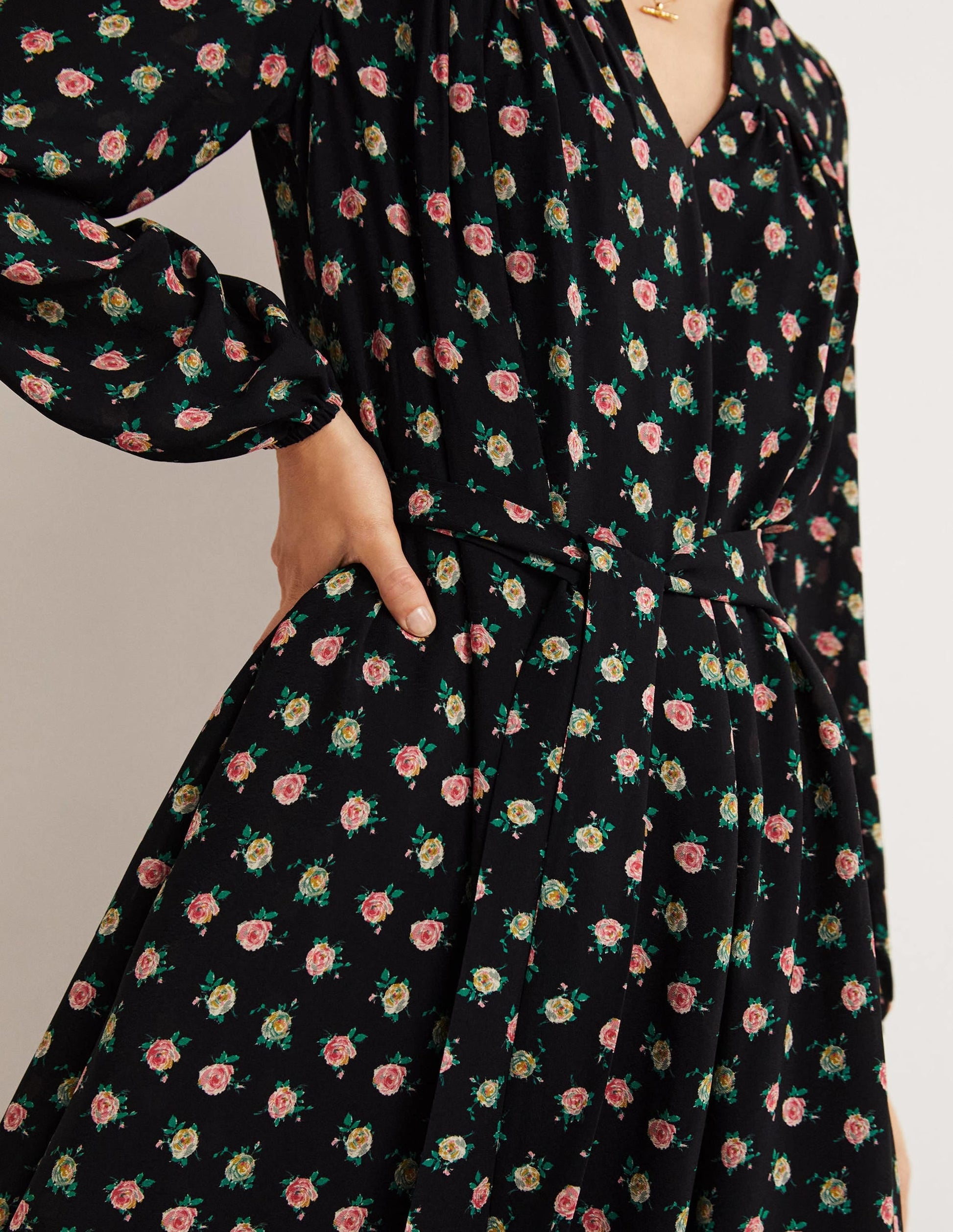 Gathered Yoke Midi Dress-Black, Painterly Rose-2